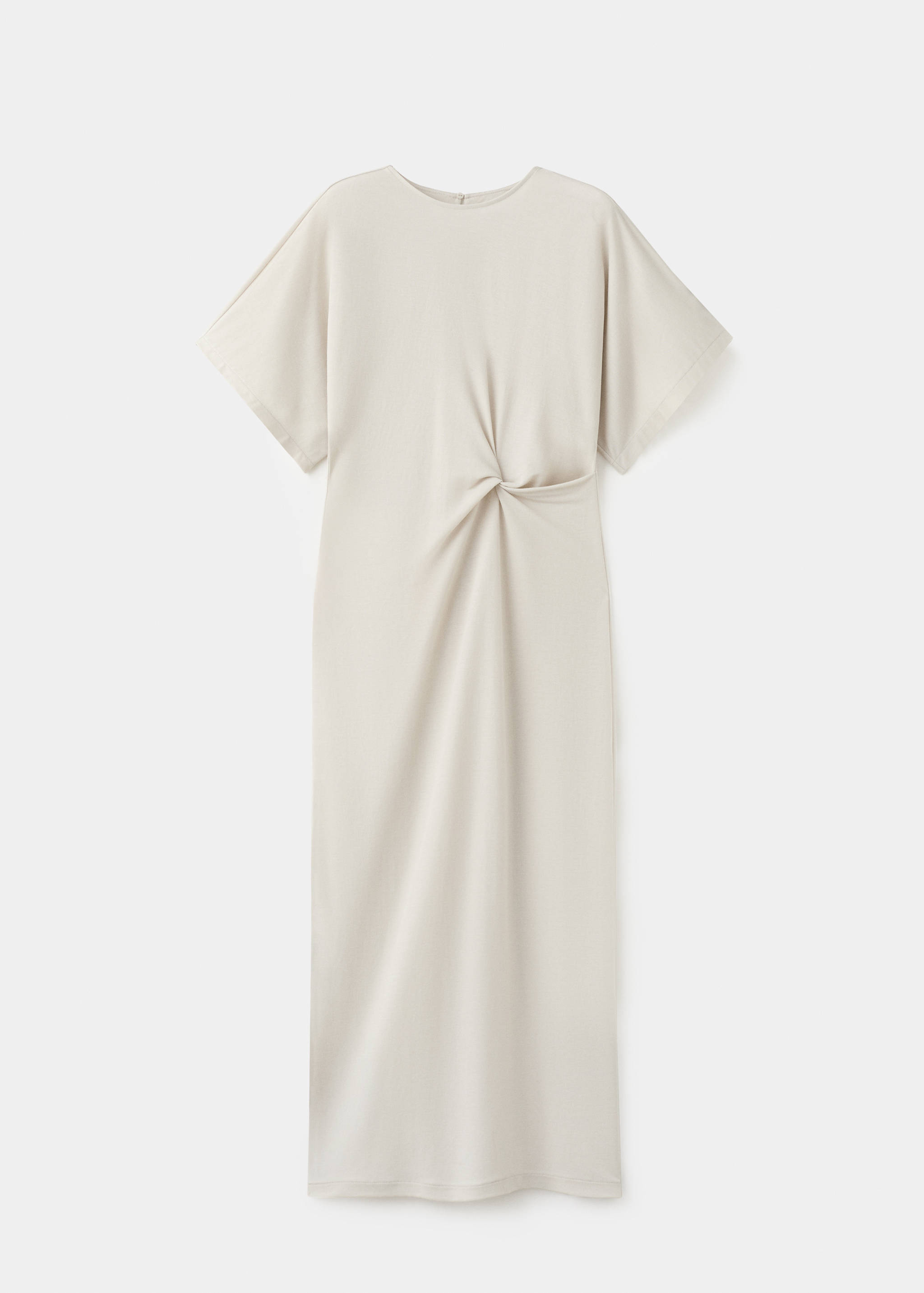 Off-white midi dress with a round neckline, short sleeves, and a twisted knot detail at the waist.