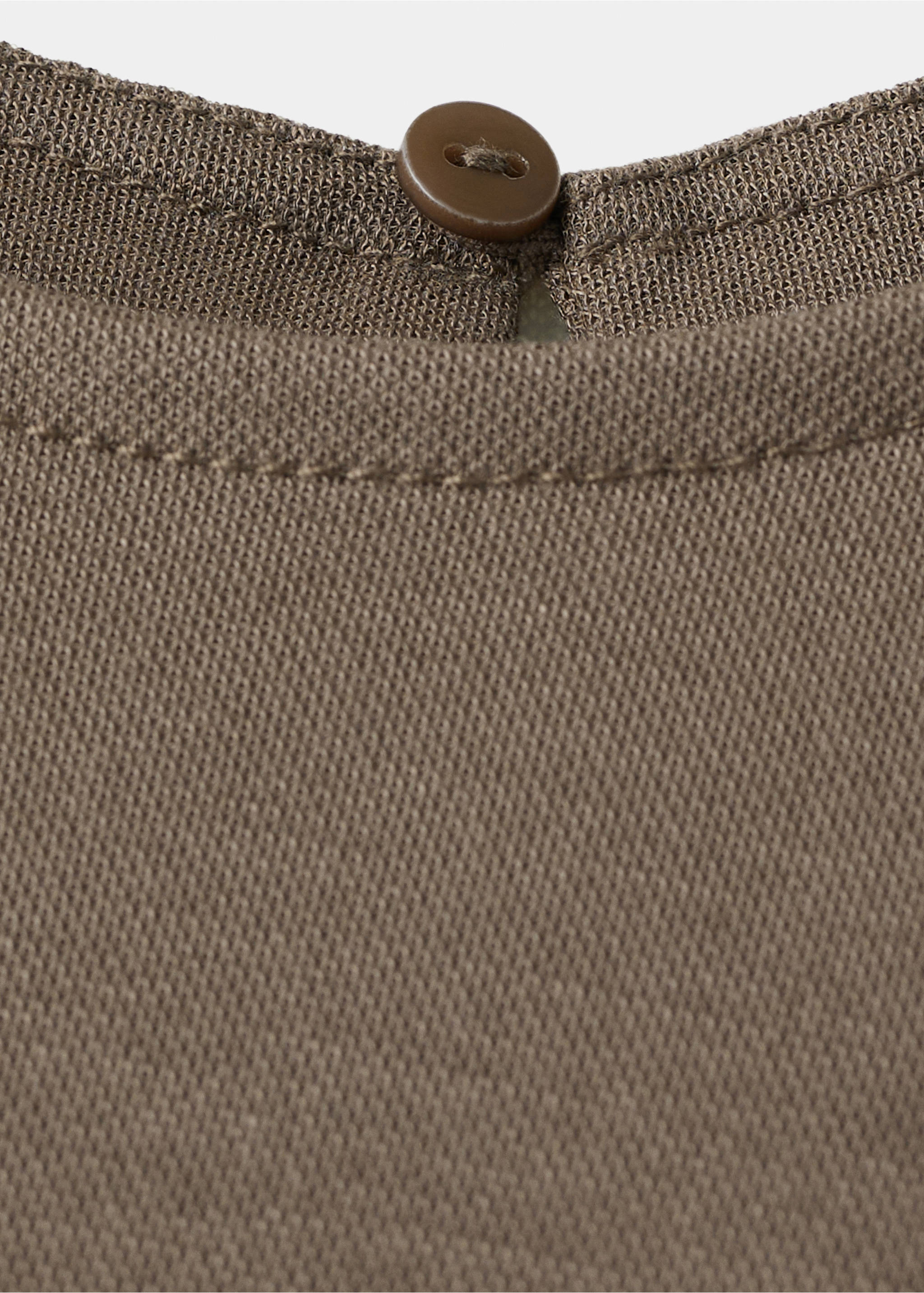 Close-up of the back button fastening on a brown dress neckline., Light/Pastel Brown. Ref: 27055827-00.