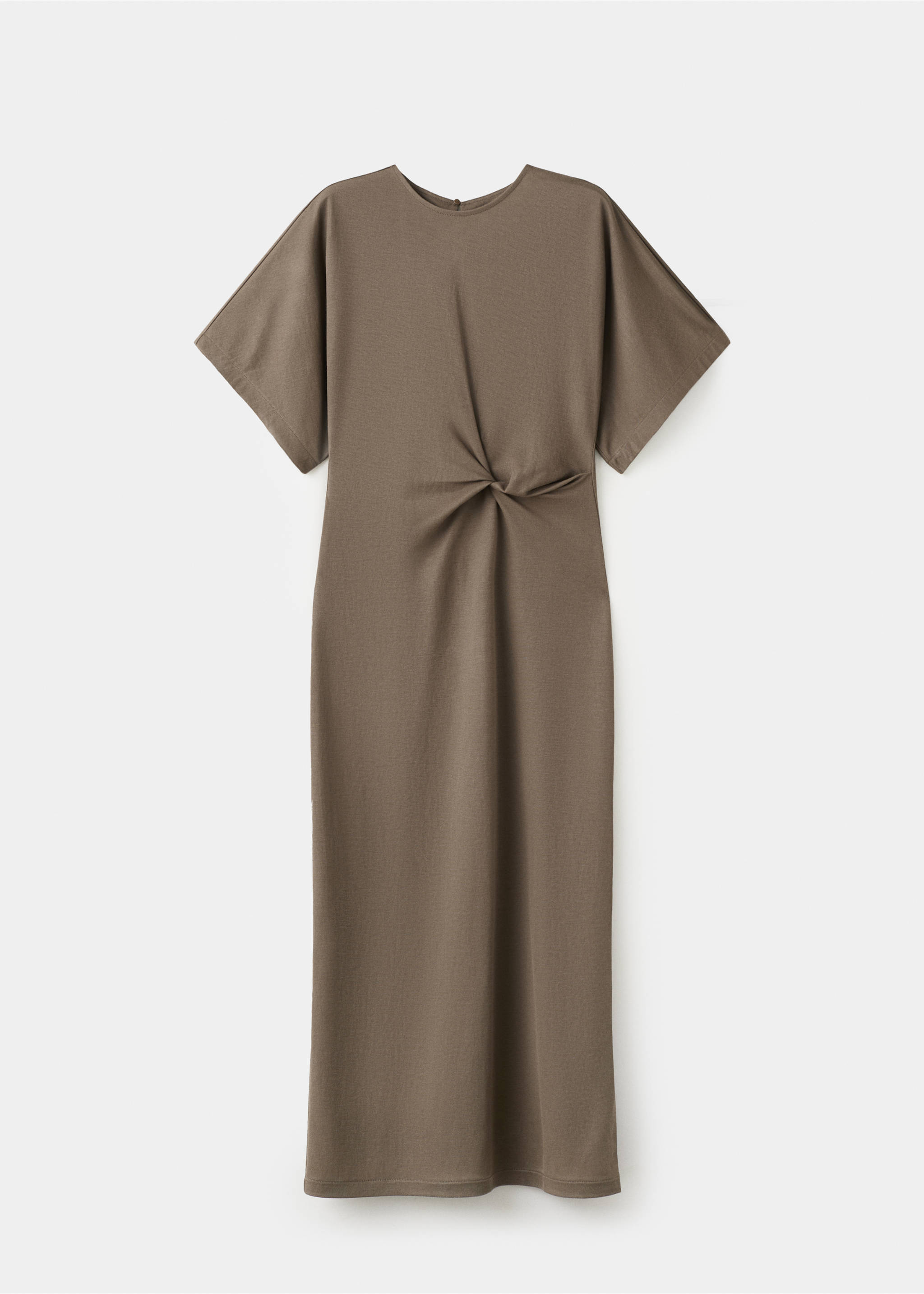 Brown midi dress with a round neckline, short sleeves, and a twist detail at the waist., Light/Pastel Brown. Ref: 27055827-00.