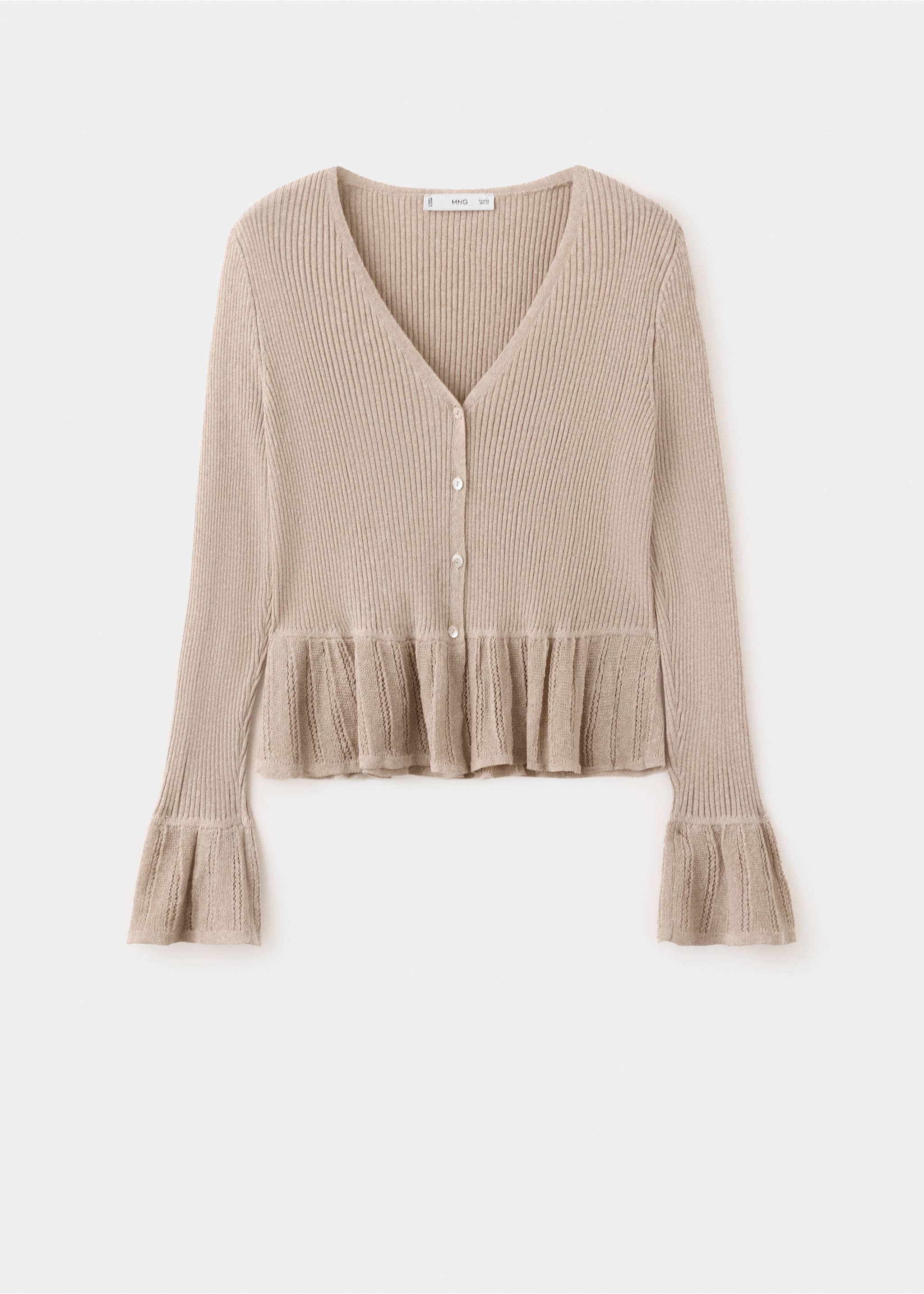 Beige ribbed knit cardigan with a V-neck and ruffled cuffs and hem., Sand. Ref: 27055840-00.