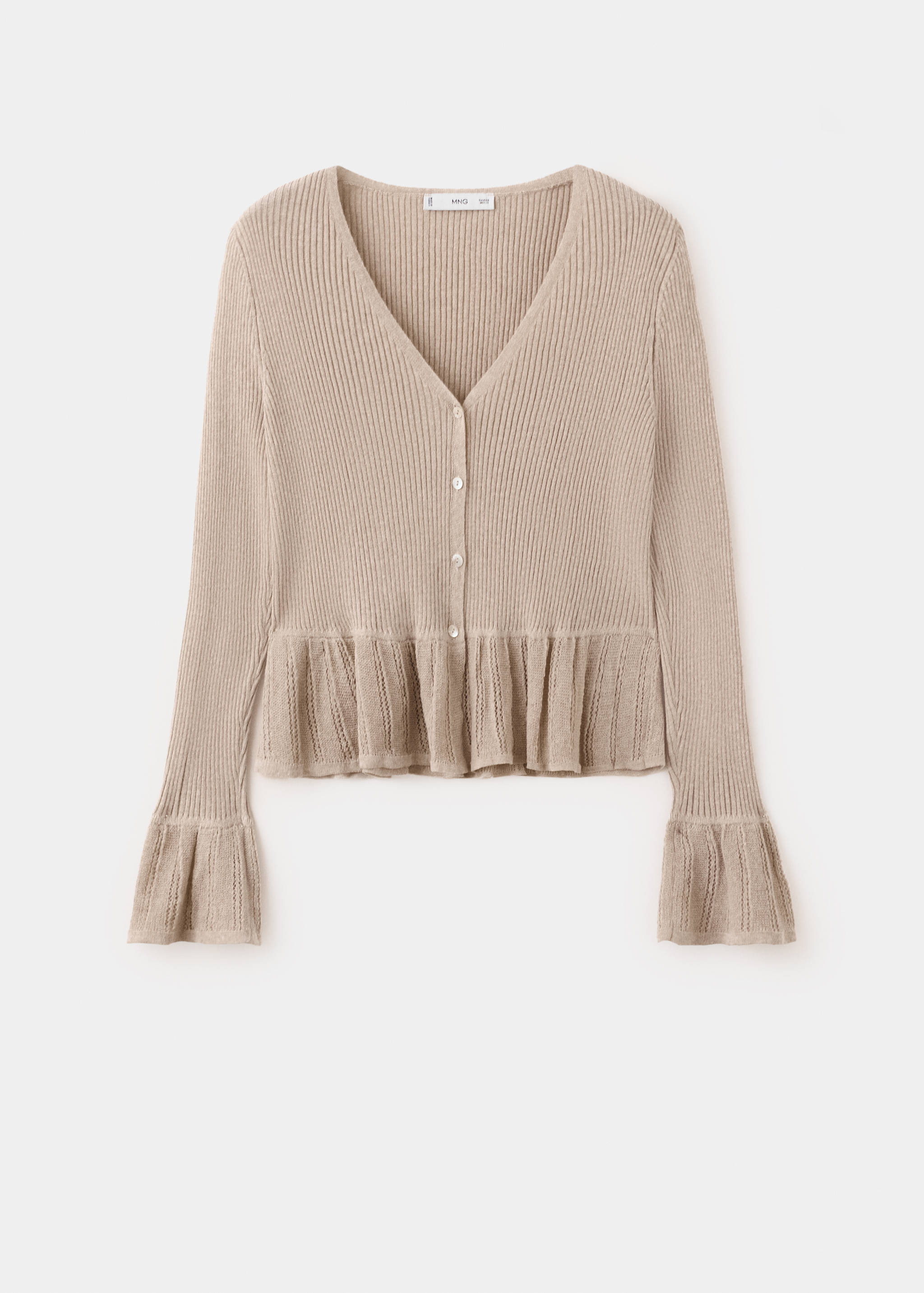 Beige ribbed knit cardigan with a V-neck and ruffled cuffs and hem.