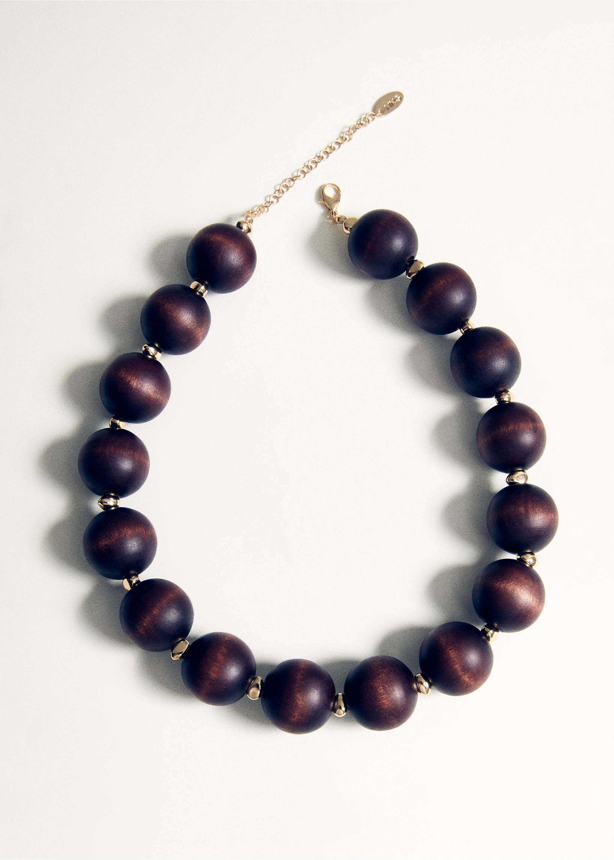 Chunky dark brown wooden bead collar necklace with gold-toned metallic spacers., Brown. Ref: 27055987-00.
