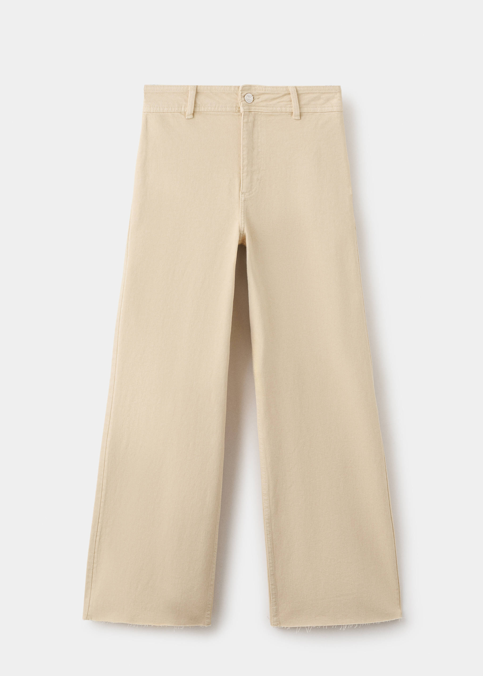 Beige denim trousers with high-rise waist and wide, straight legs.