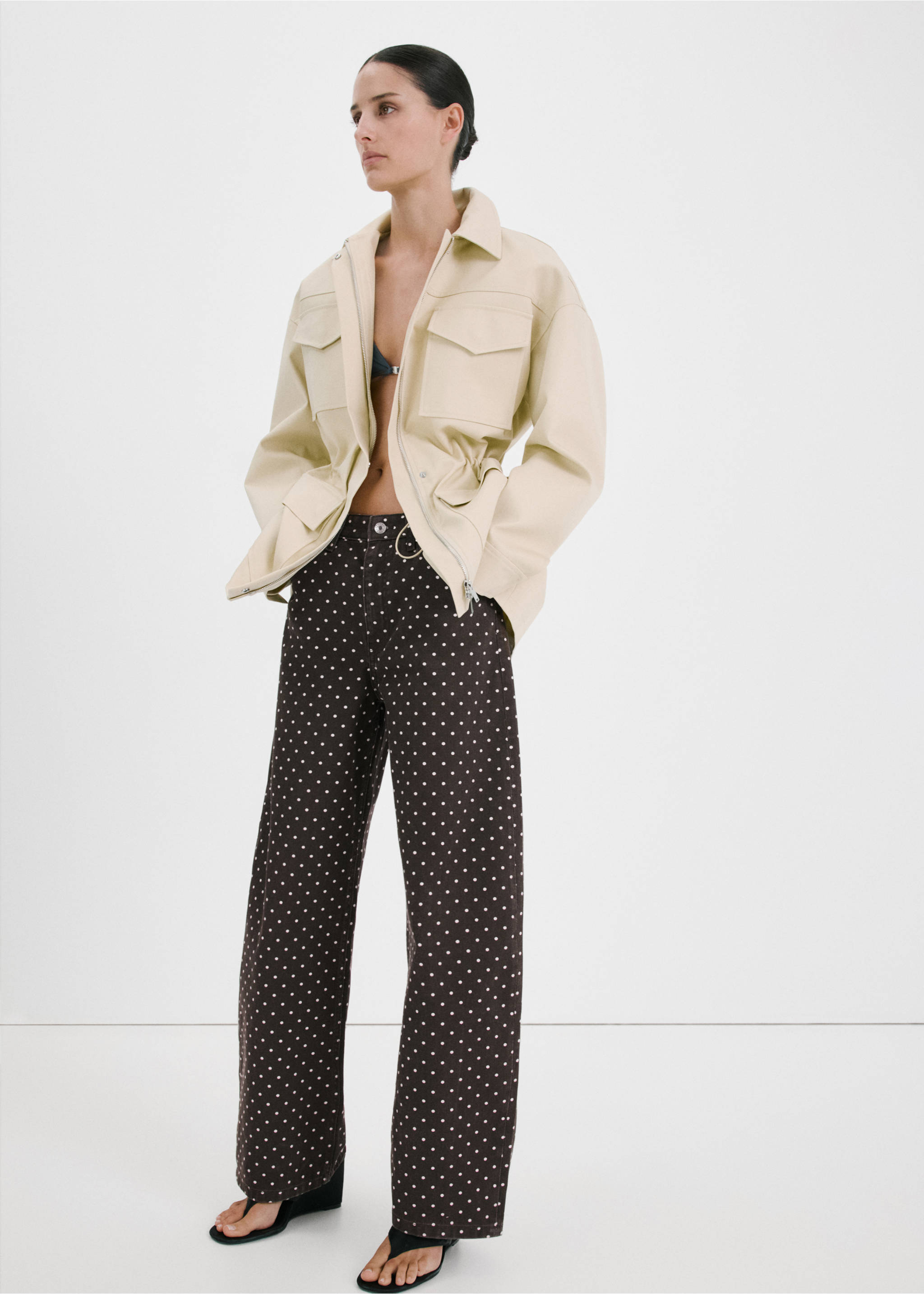 Dark brown polka dot denim trousers with a straight leg silhouette., Chocolate. Ref: 27057159-00.