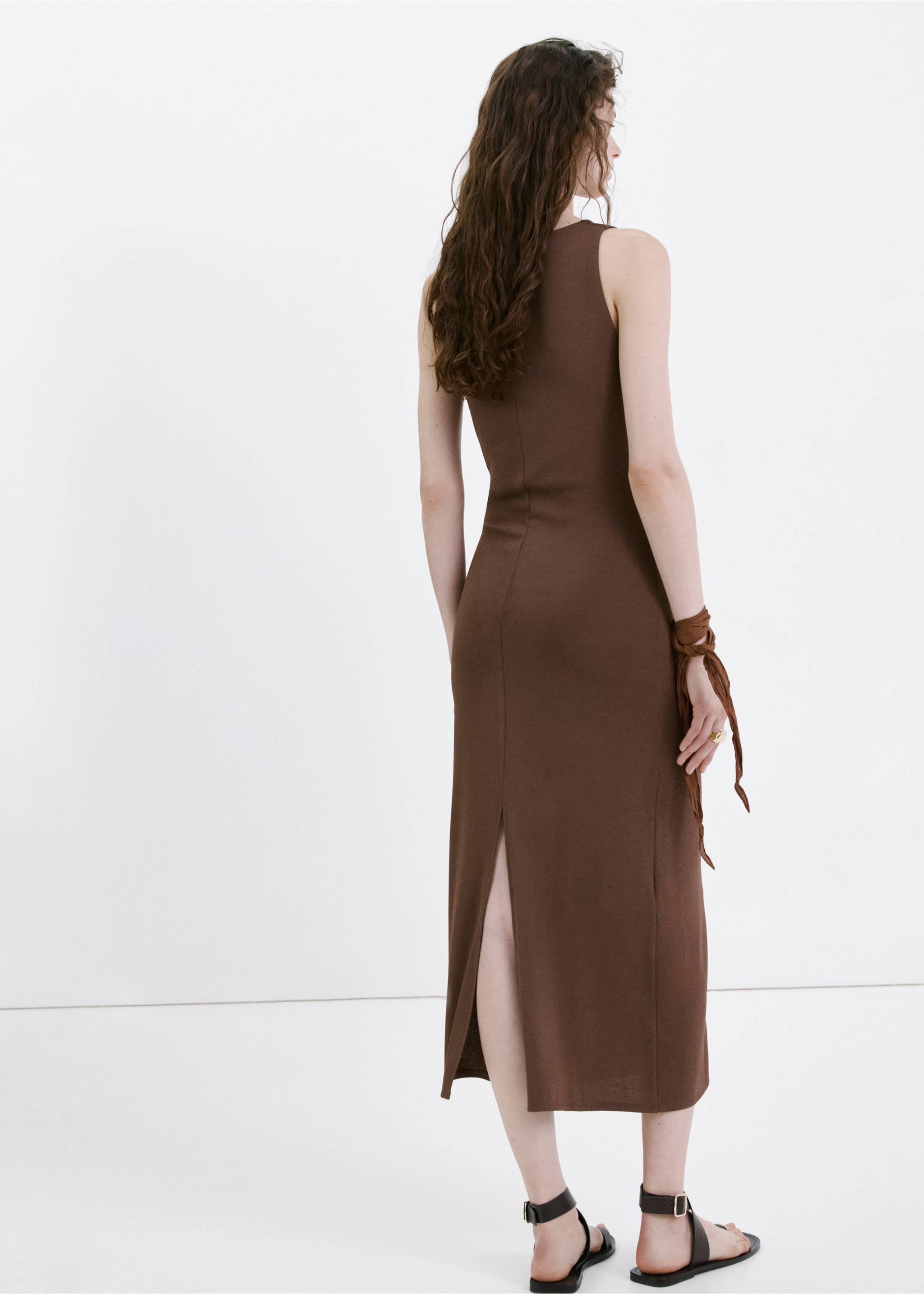 Draped neck dress with side ruching - Reverse of the article, Brown. Ref: 27059069-00.