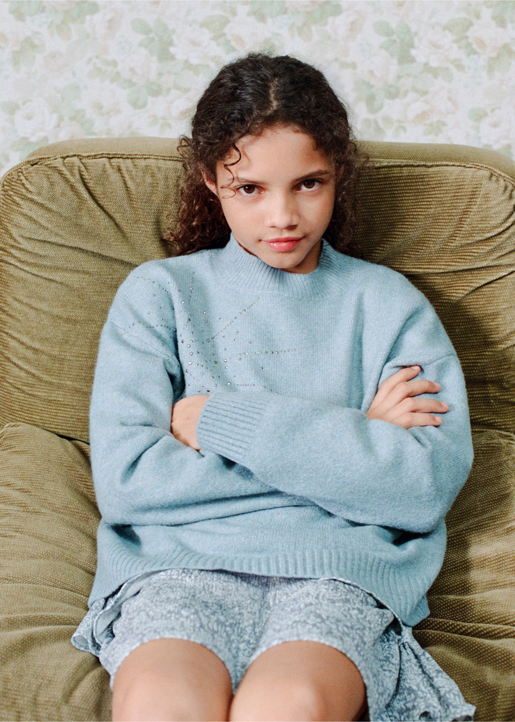 Light blue knitted jumper with a high neck and rhinestone shoulder detail., Aqua Green. Ref: 27061179-00.