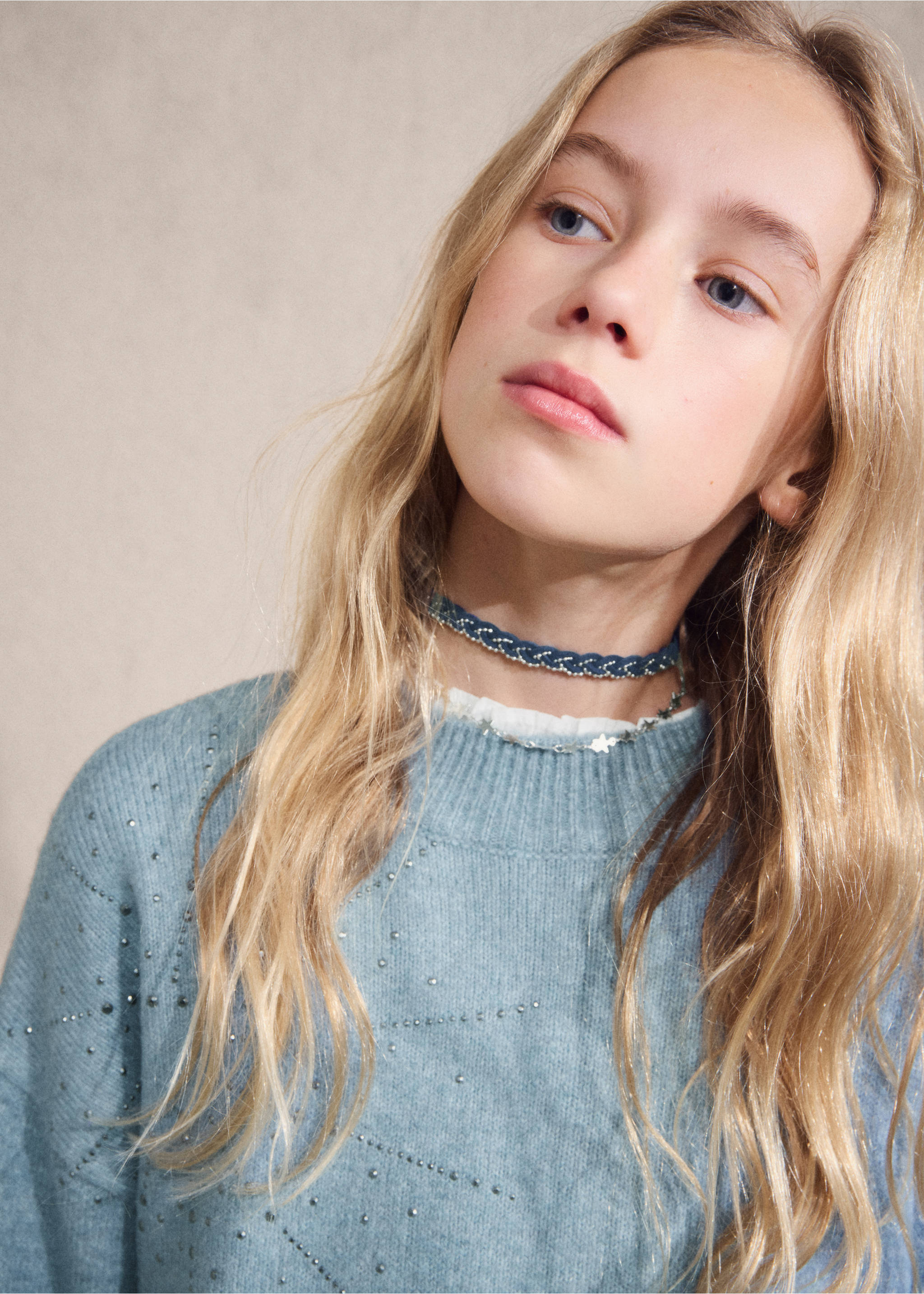 Light blue studded knit jumper with a crew neck., Aqua Green. Ref: 27061179-00.