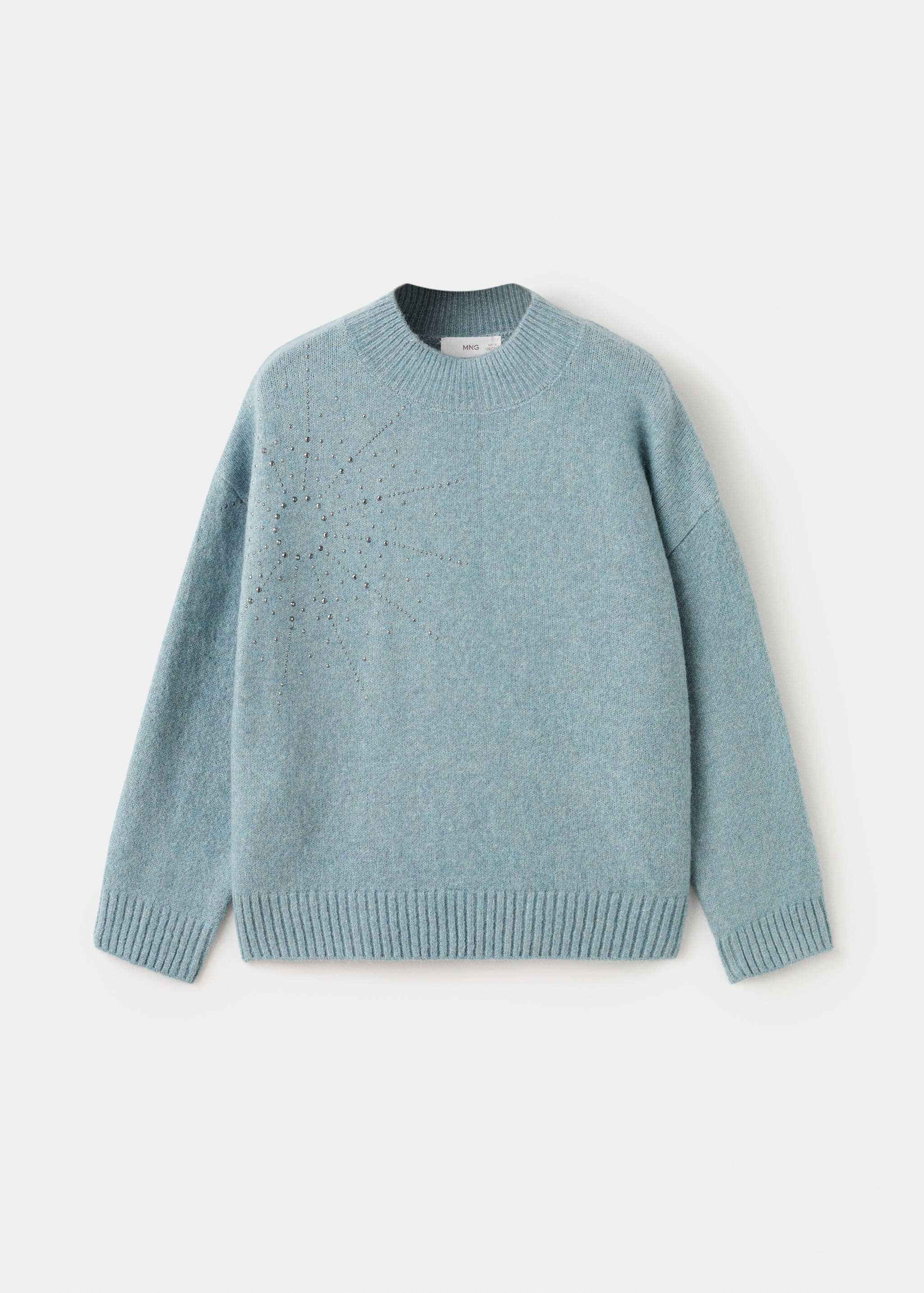 Light blue knitted jersey sweater with ribbed trims and a studded starburst detail.