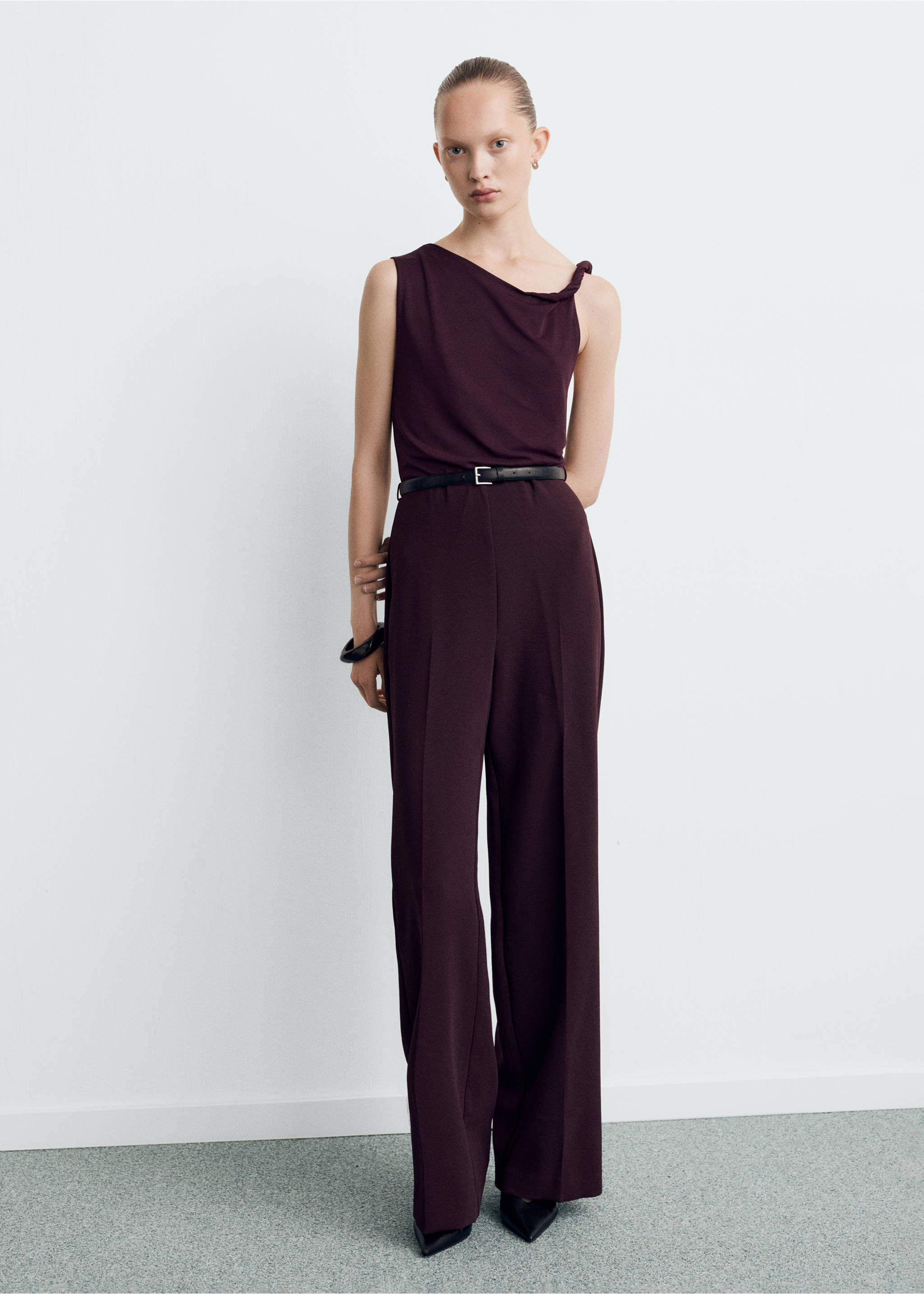 Jumpsuit with asymmetrical neckline and belt - General plane, Wine. Ref: 27061316-00.