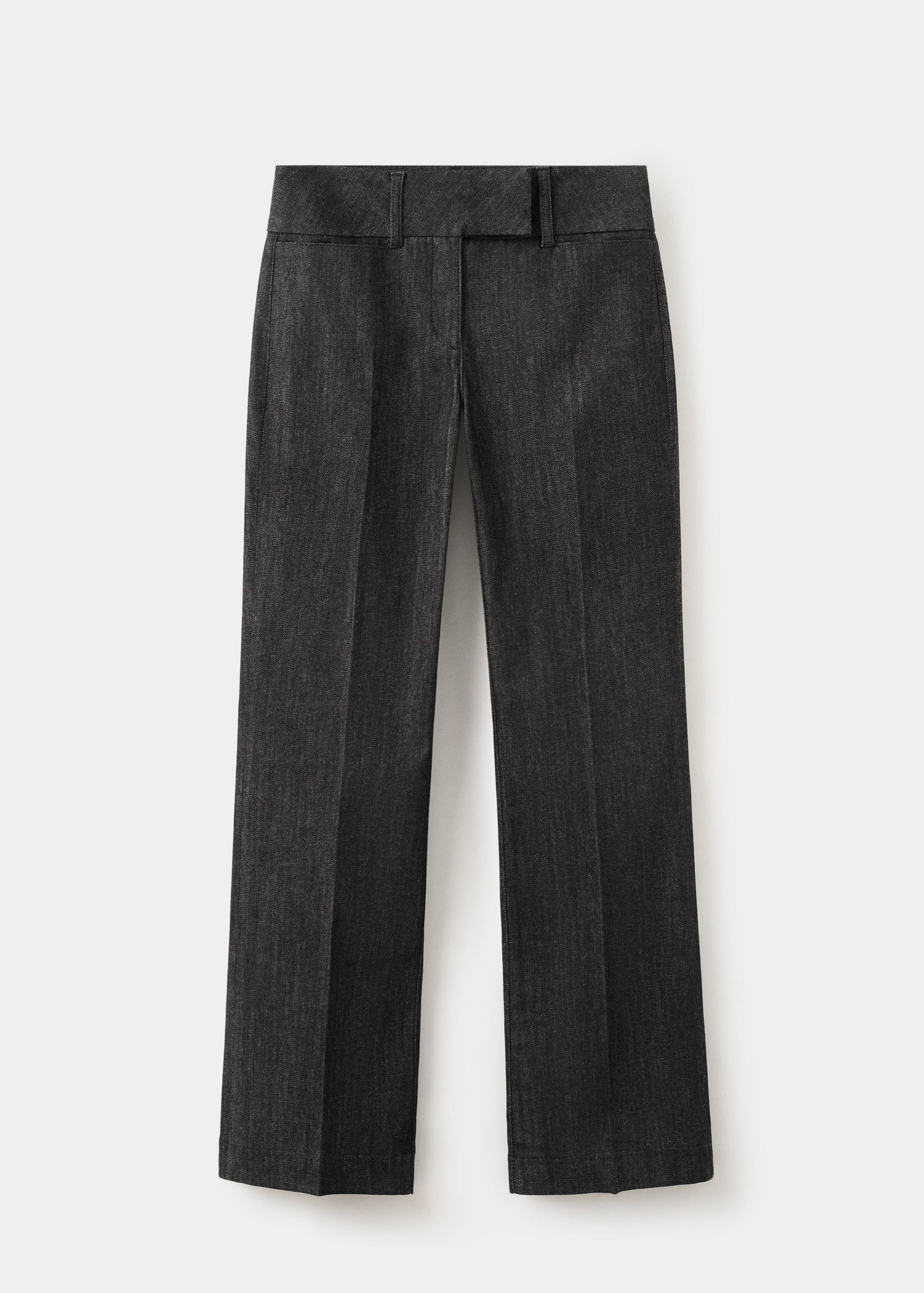 Dark grey denim straight-leg trousers with front creases and belt loops.