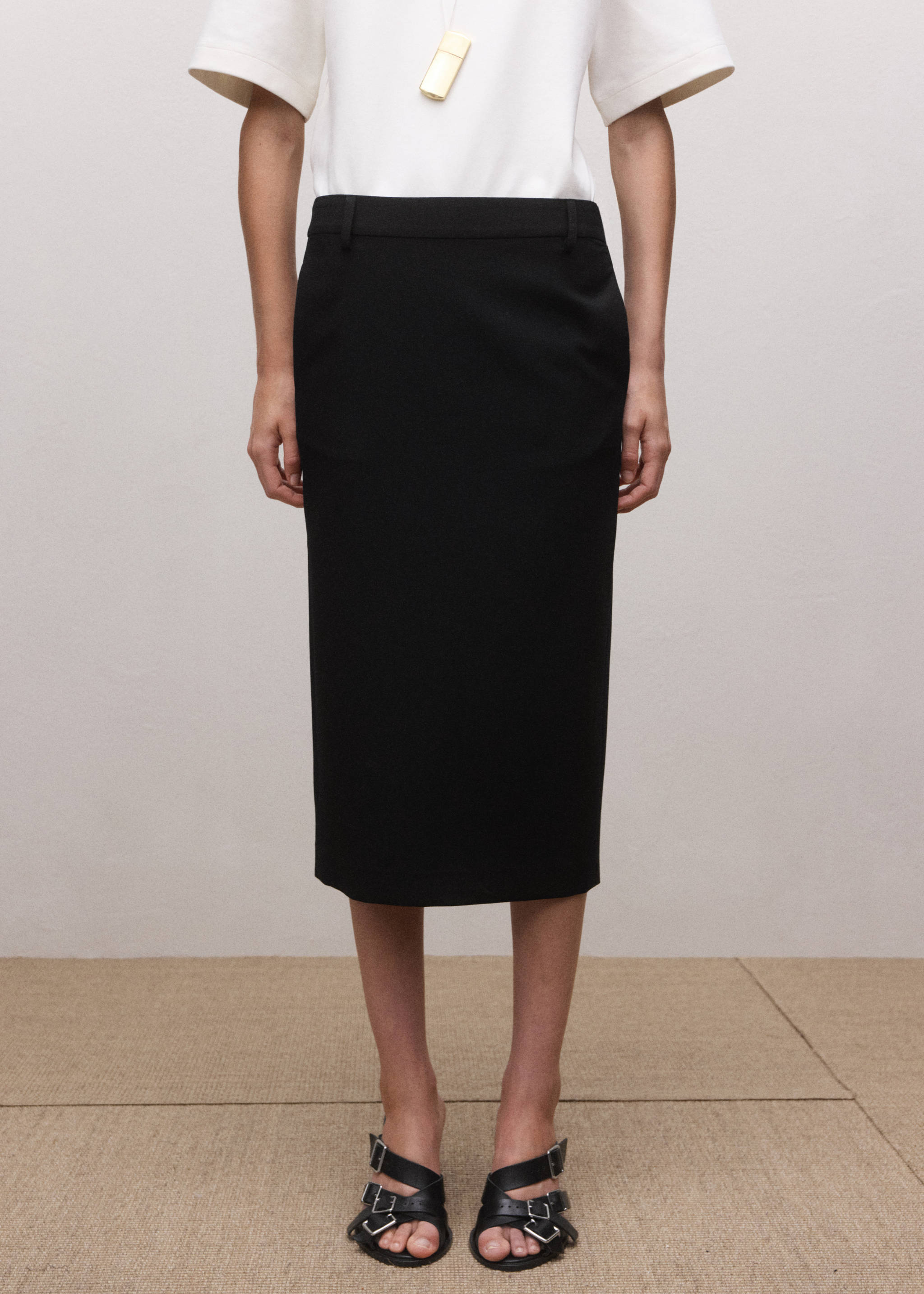 Falda midi mezcla lana - Plano medio, Negro. Ref: 27064445-00.