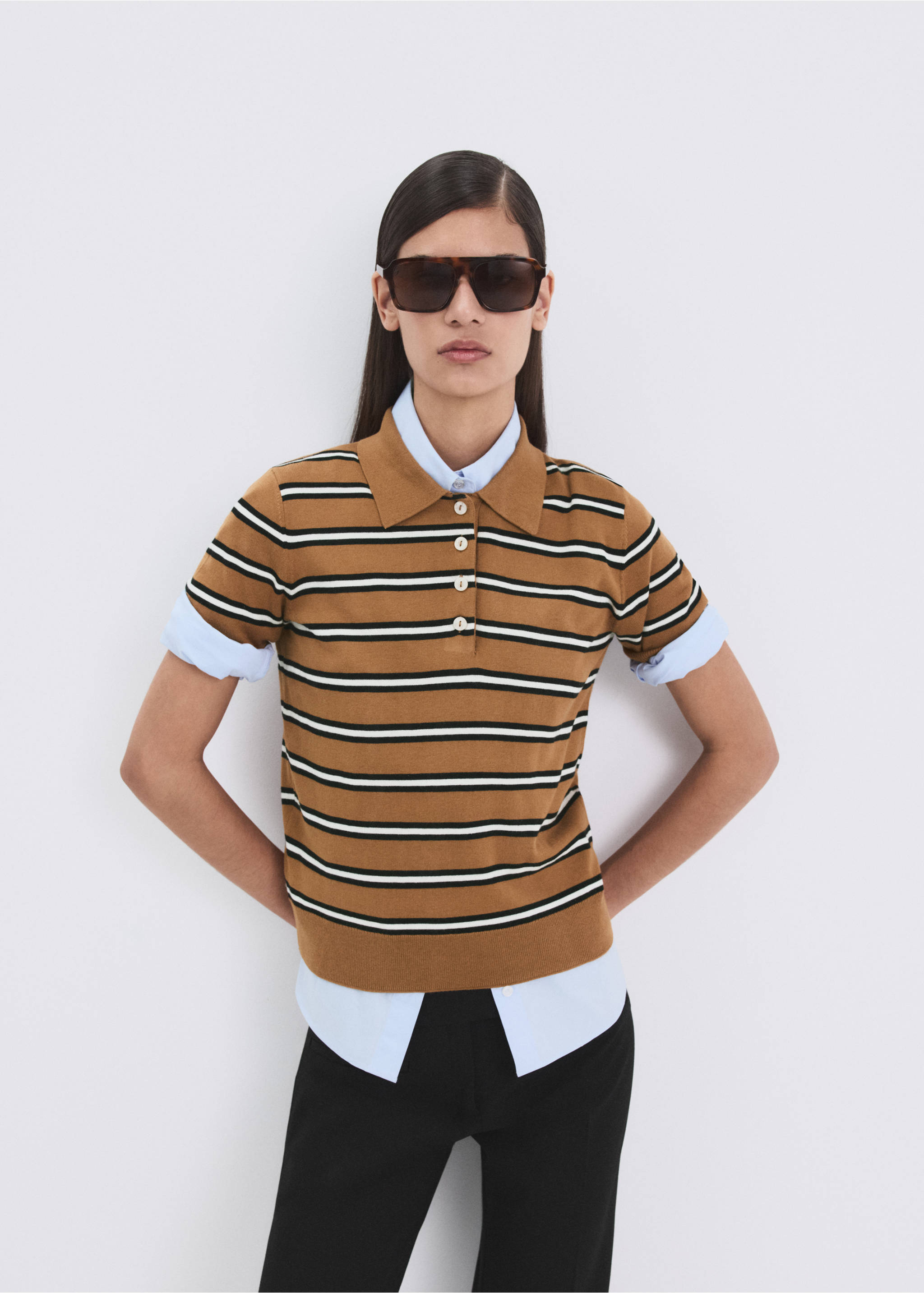 Striped polo-neck sweater - Medium plane, Caramel. Ref: 27065818-00.