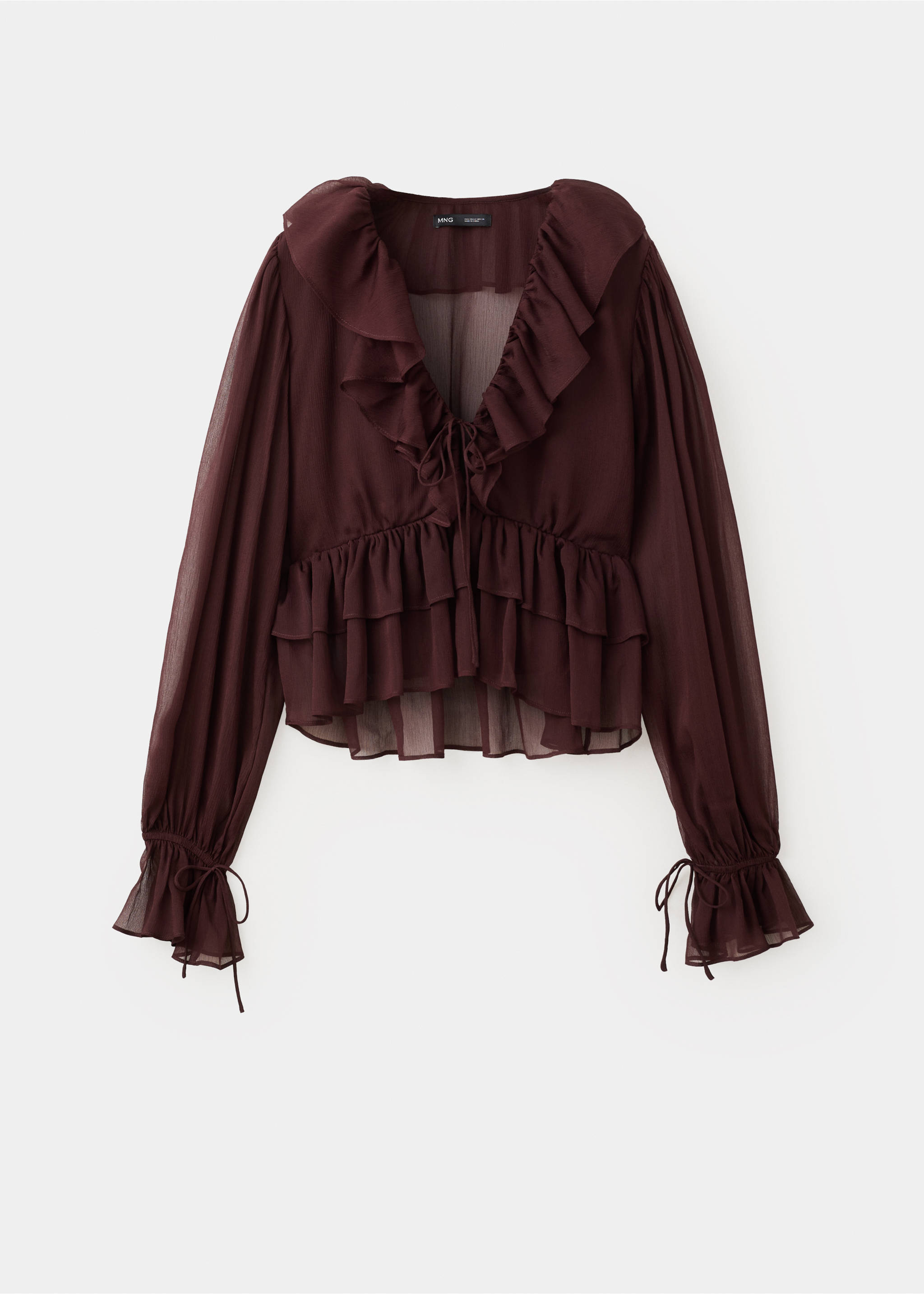 Burgundy sheer blouse with a ruffled V-neckline and tiered hem., Chocolate. Ref: 27067160-00.