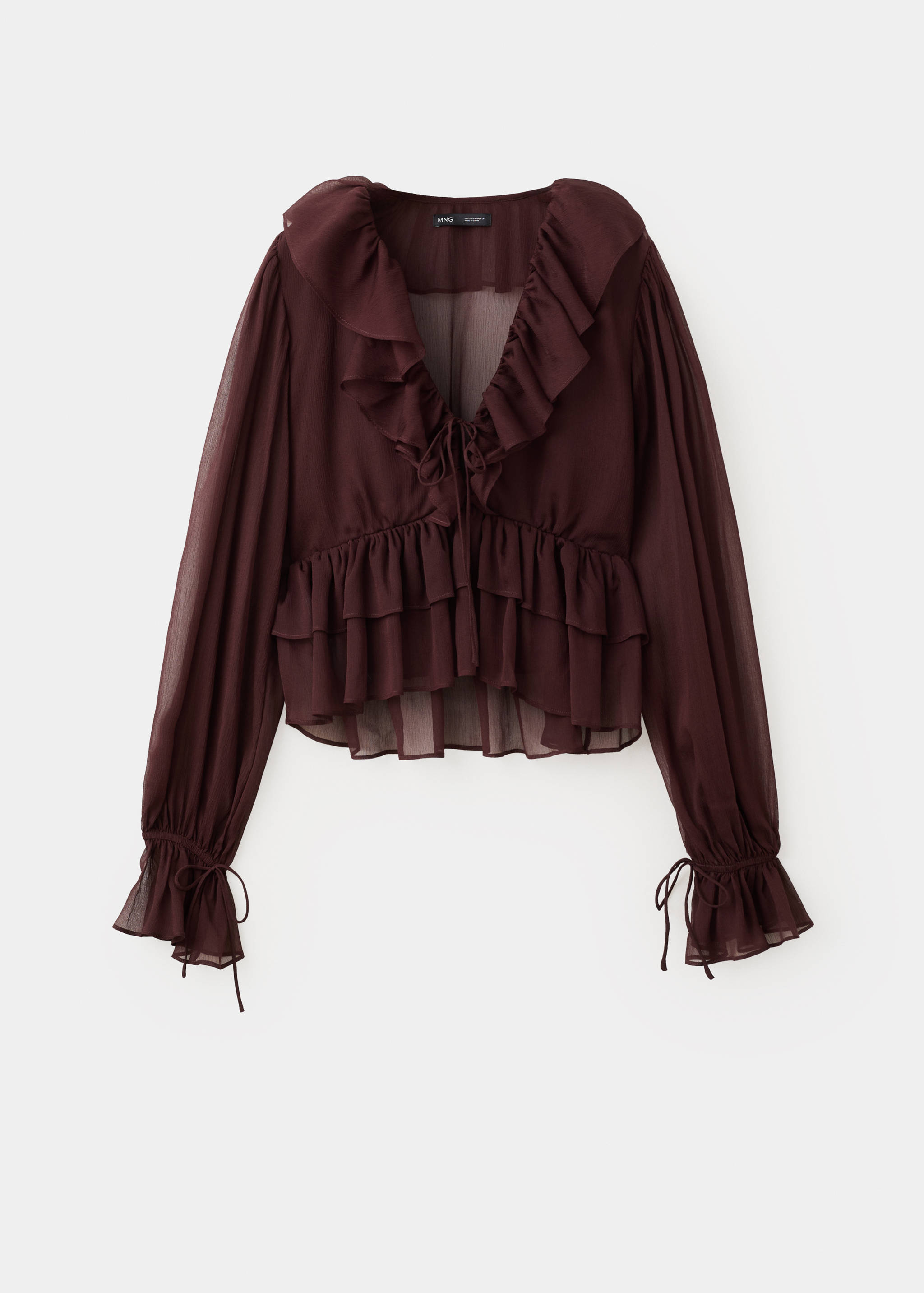 Burgundy sheer blouse with a ruffled V-neckline and tiered hem.