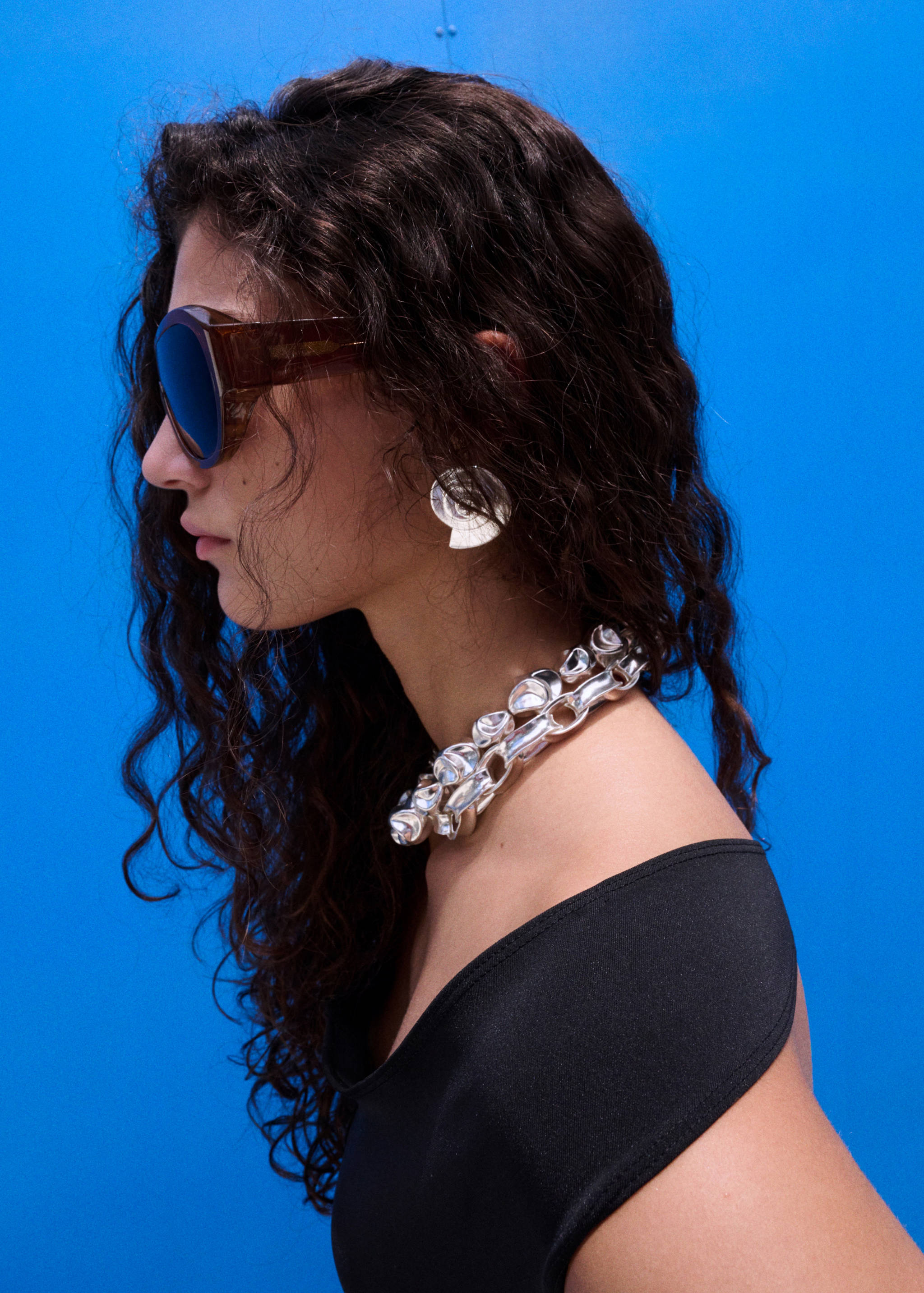 Silver-tone chunky collar necklace worn with a black top., Silver. Ref: 27067797-00.