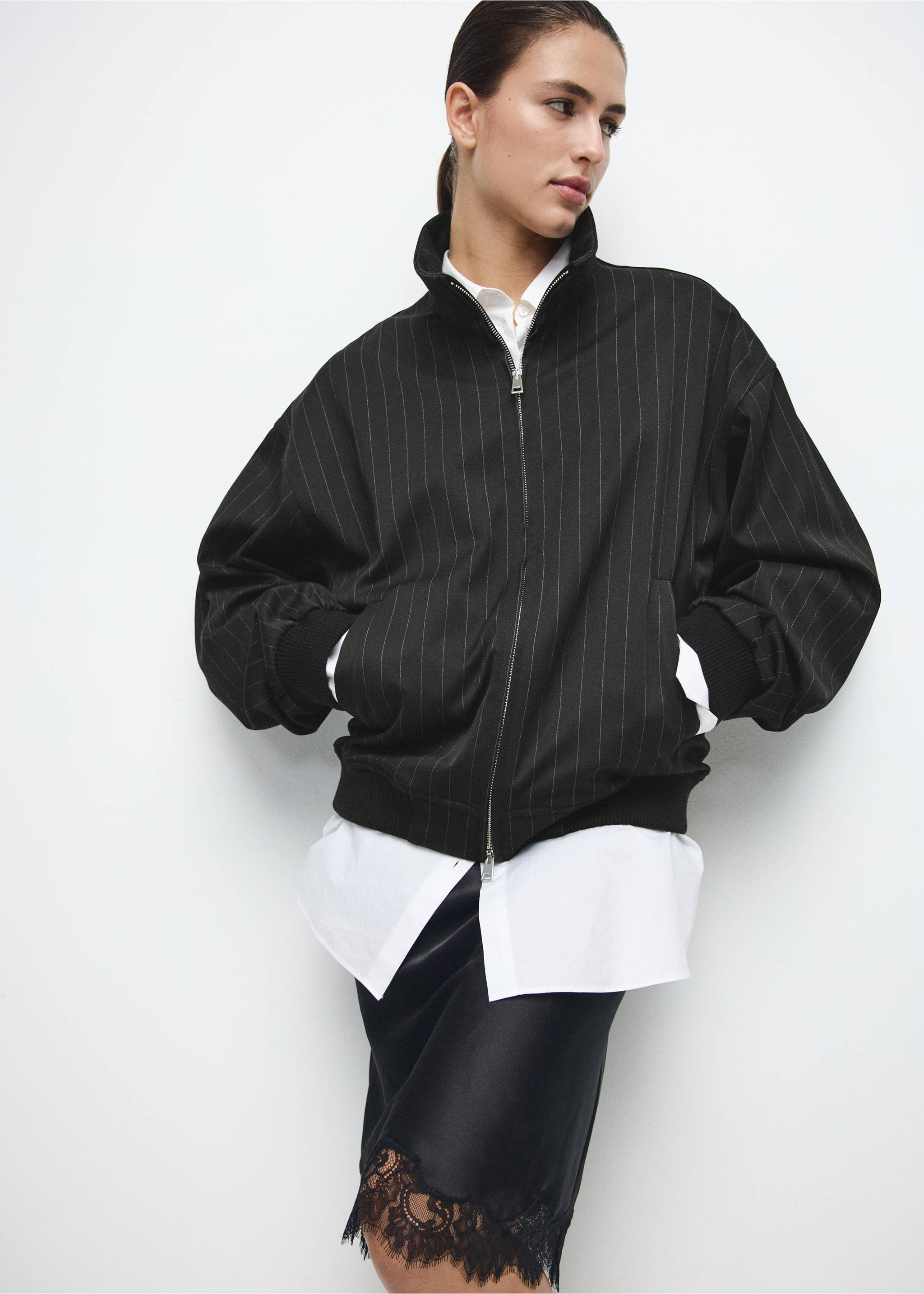 Pinstripe bomber jacket - Details of the article 2, Black. Ref: 27071339-00.