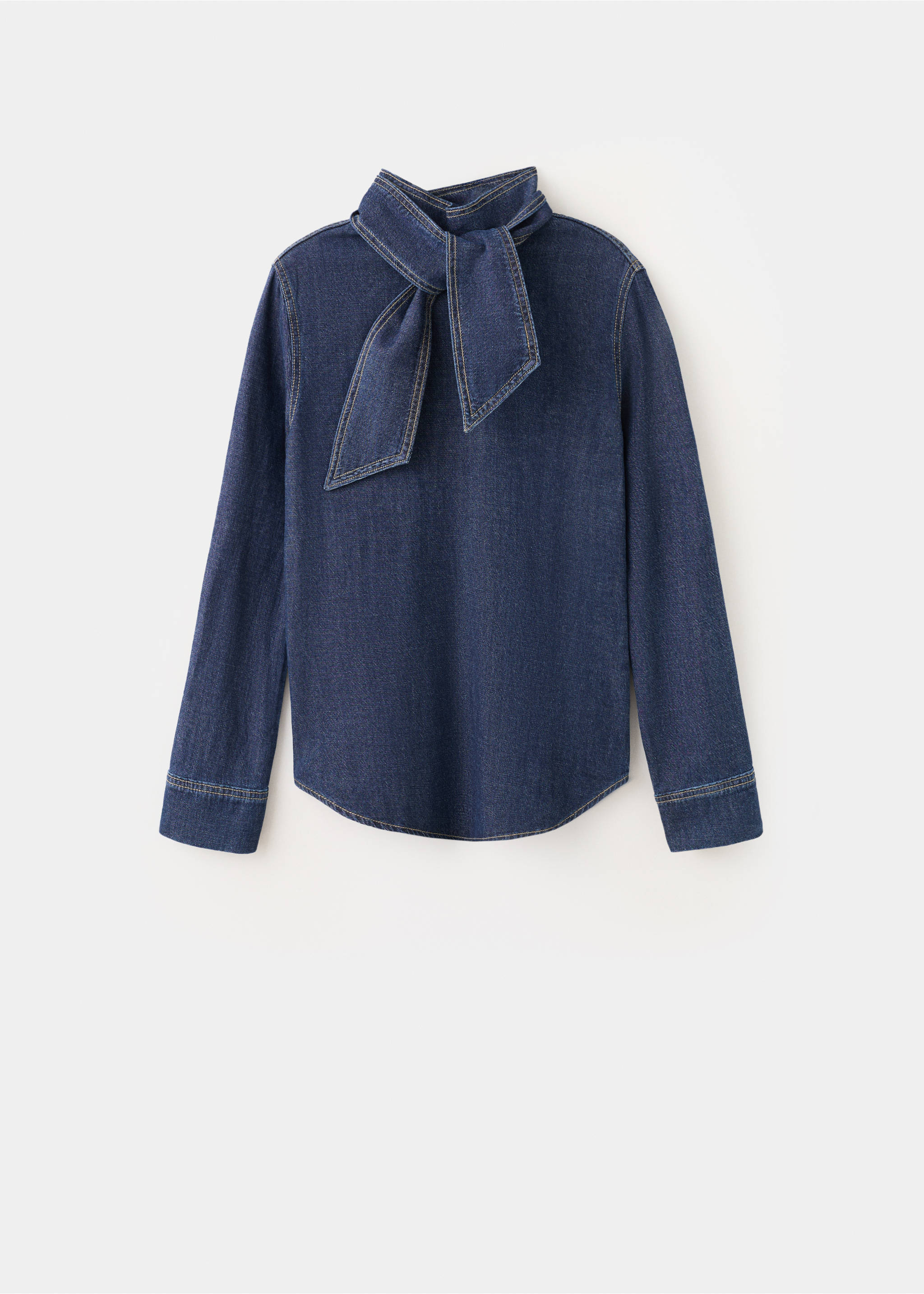 Denim shirt with tie fastening - Details of the article 0, Dark Blue. Ref: 27073297-00.