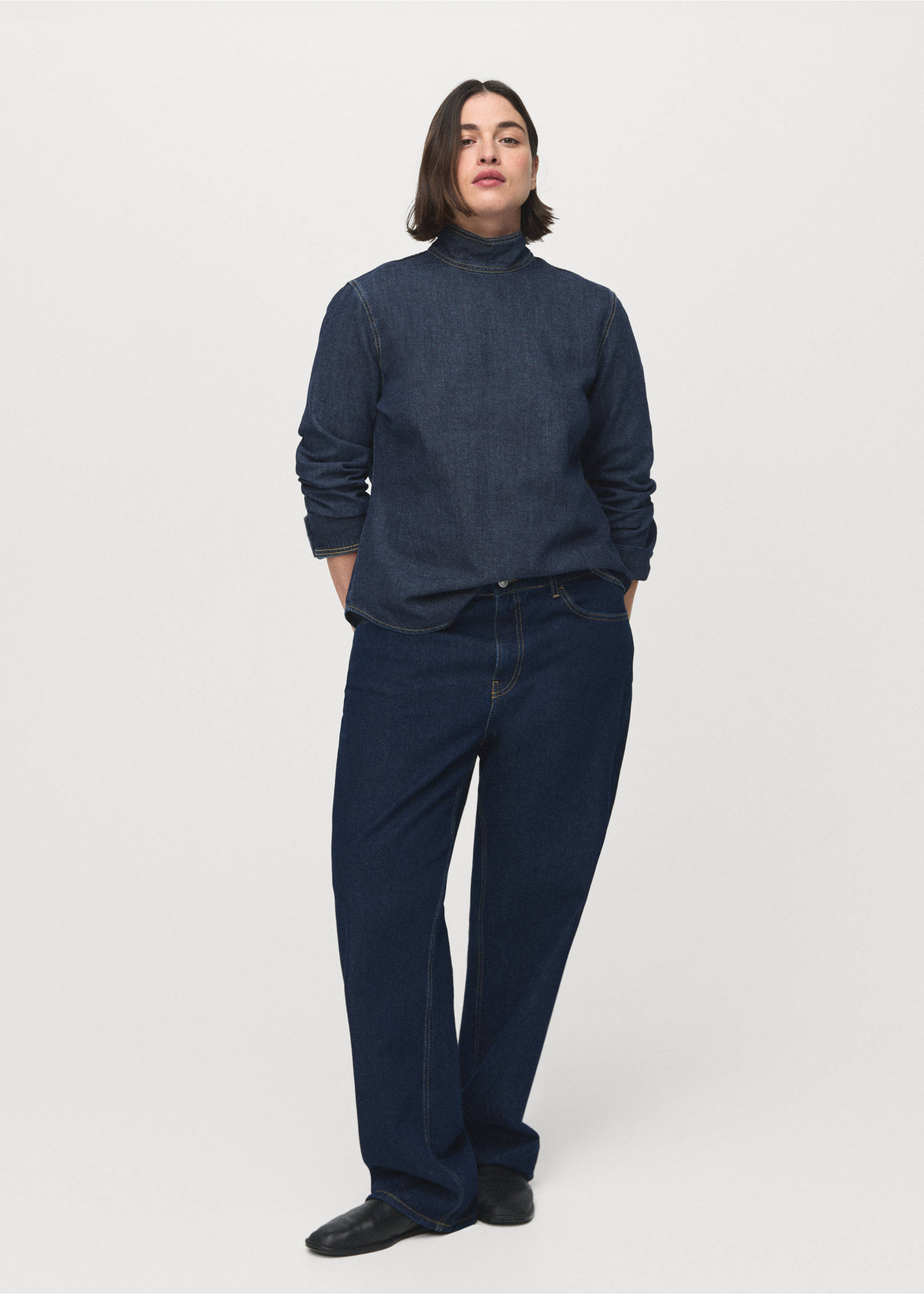 Denim shirt with tie fastening - Details of the article 6, Dark Blue. Ref: 27073297-00.