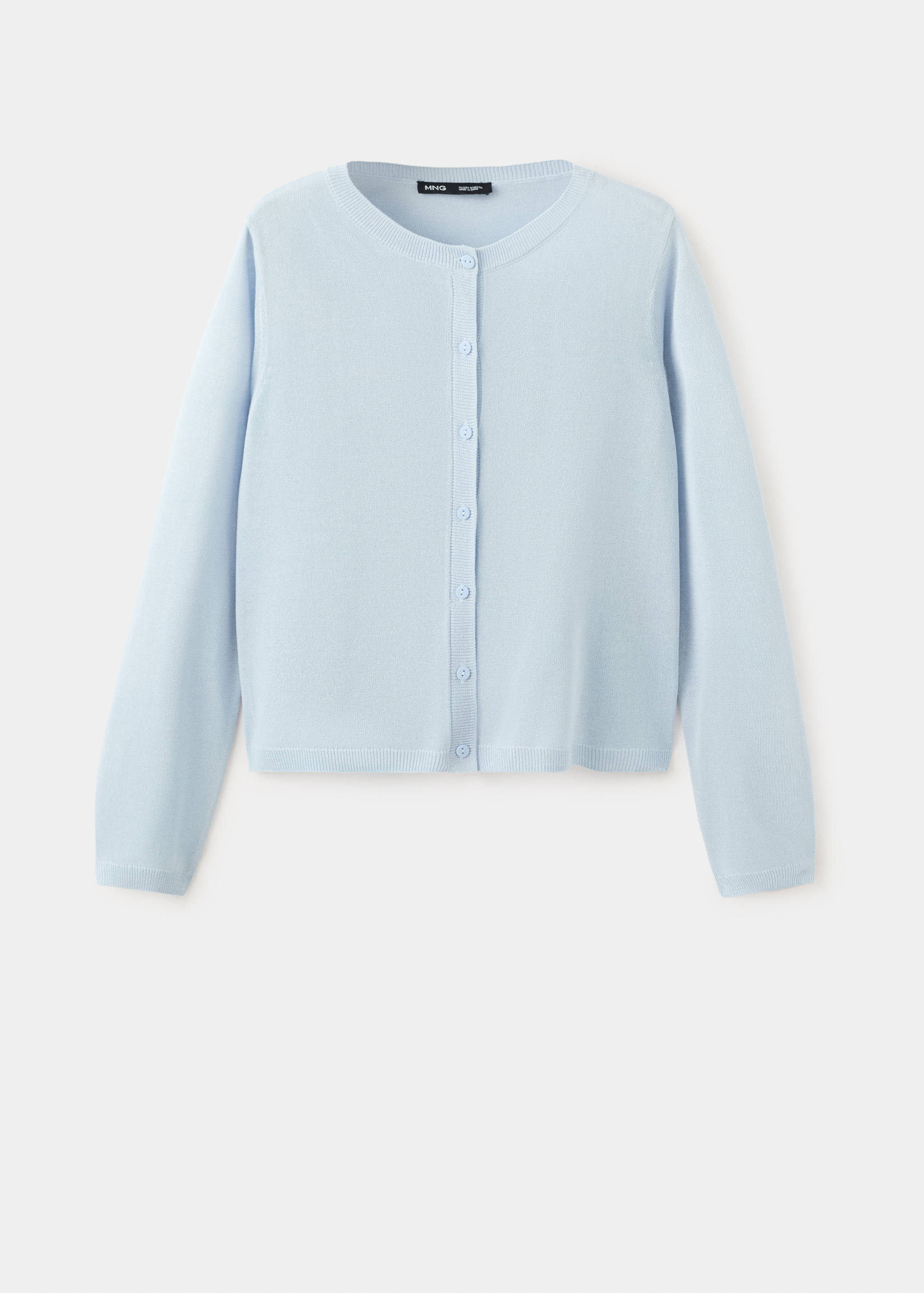 Light blue knit cardigan with a round neckline and front buttons.
