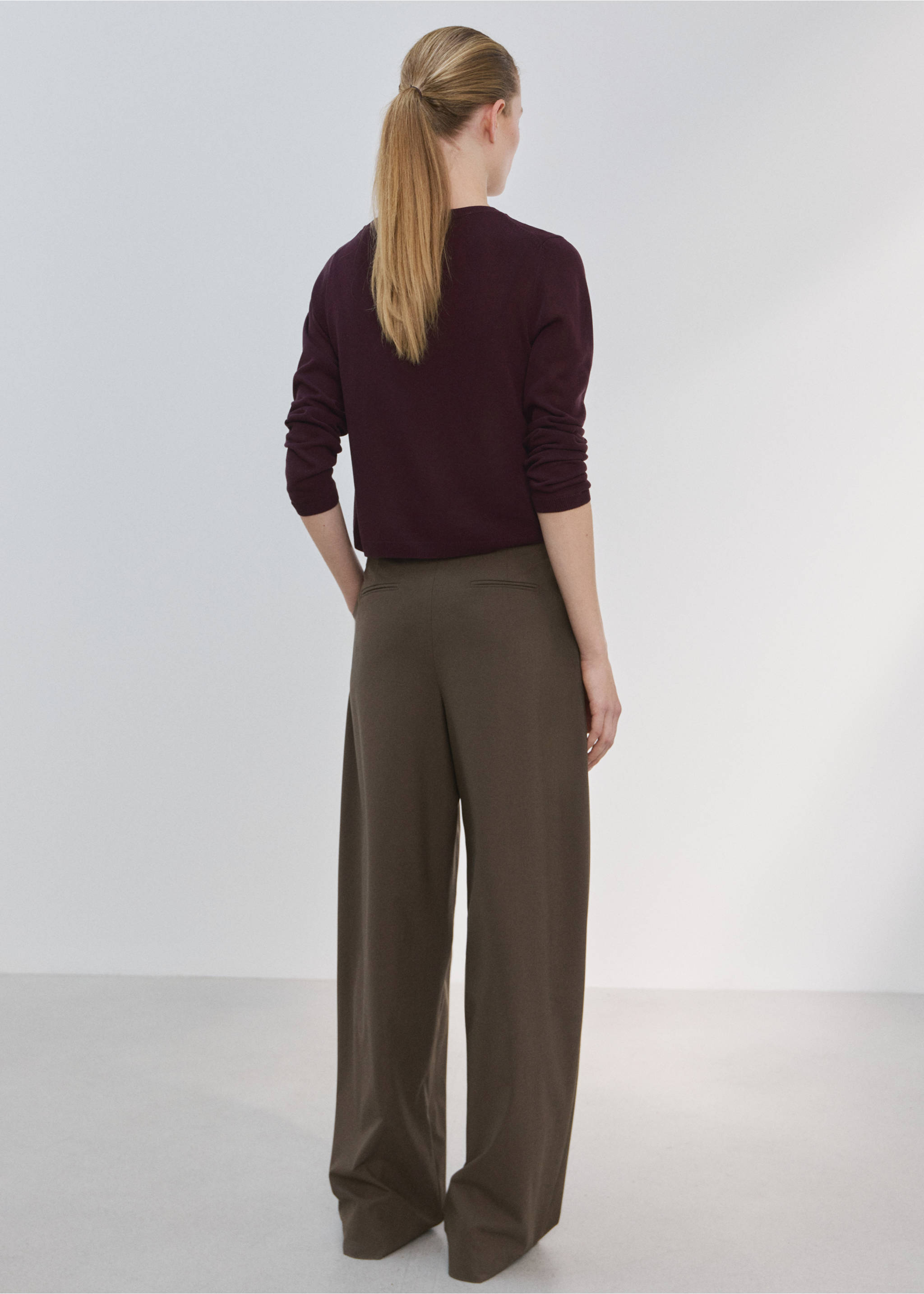 Dark burgundy cardigan from the back, worn with olive green trousers., Wine. Ref: 27075819-00.