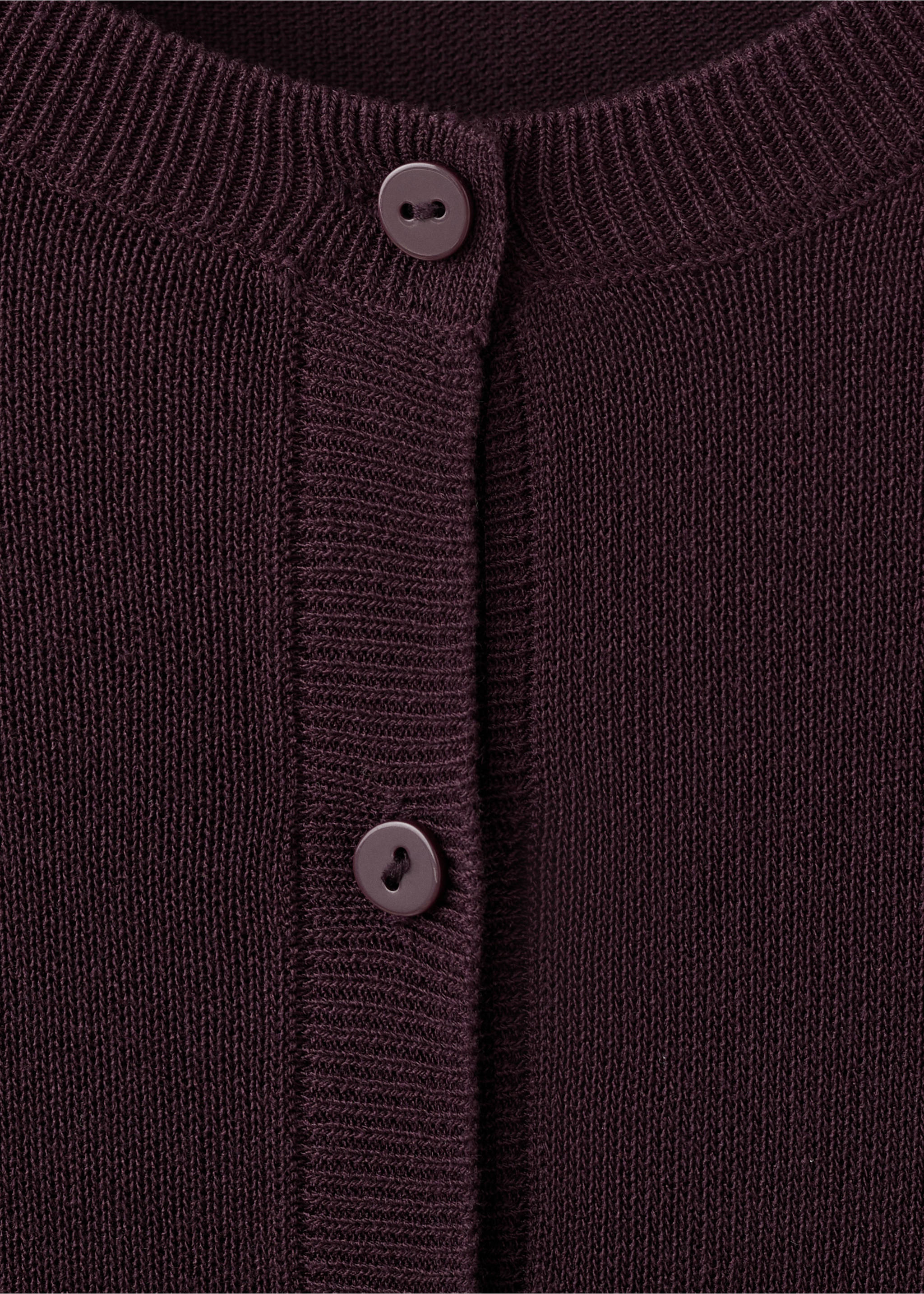 Close-up of a burgundy cardigan showing the knit texture and button placket., Wine. Ref: 27075819-00.
