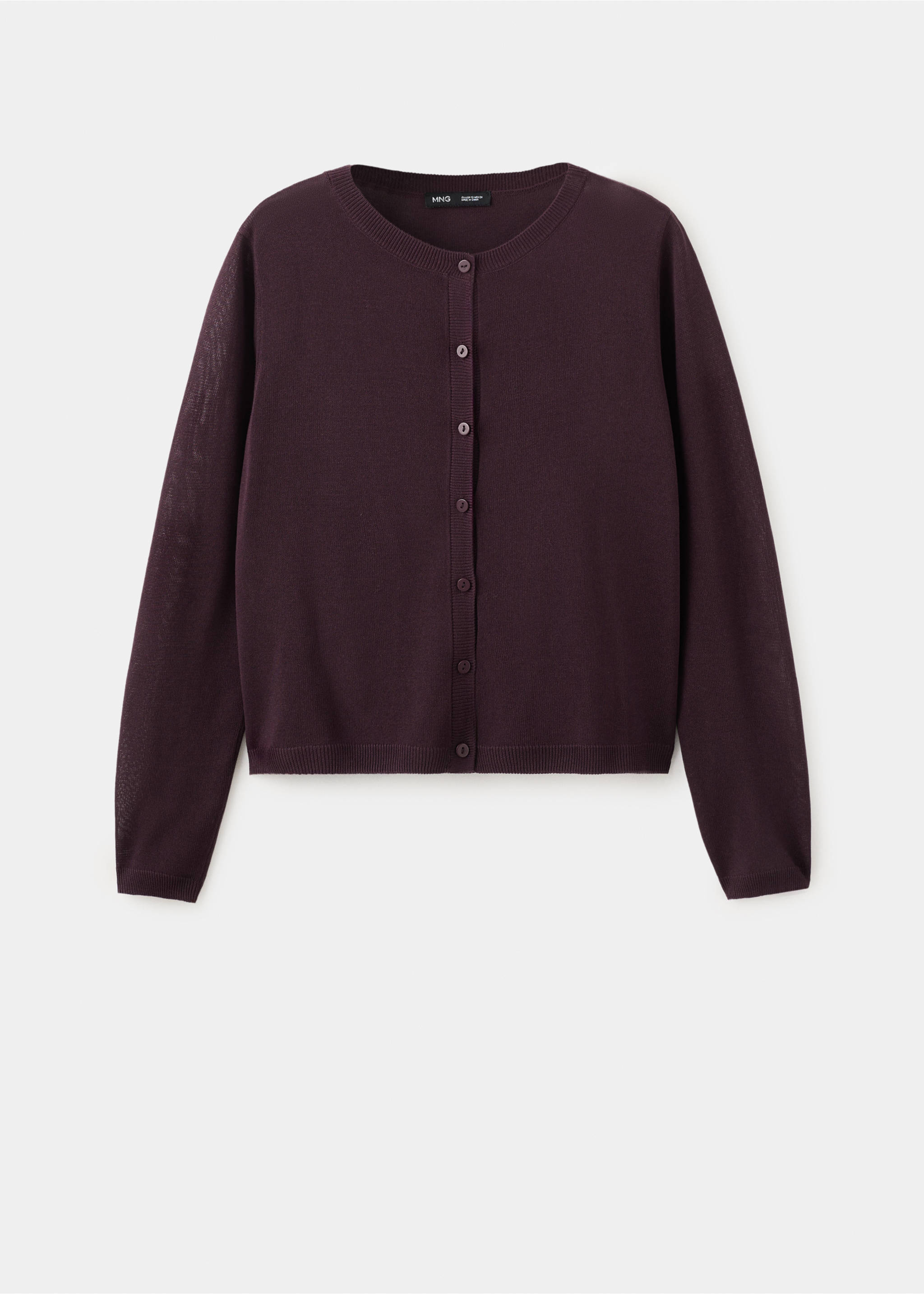 Dark plum fine-knit round-neck cardigan with front buttons., Wine. Ref: 27075819-00.