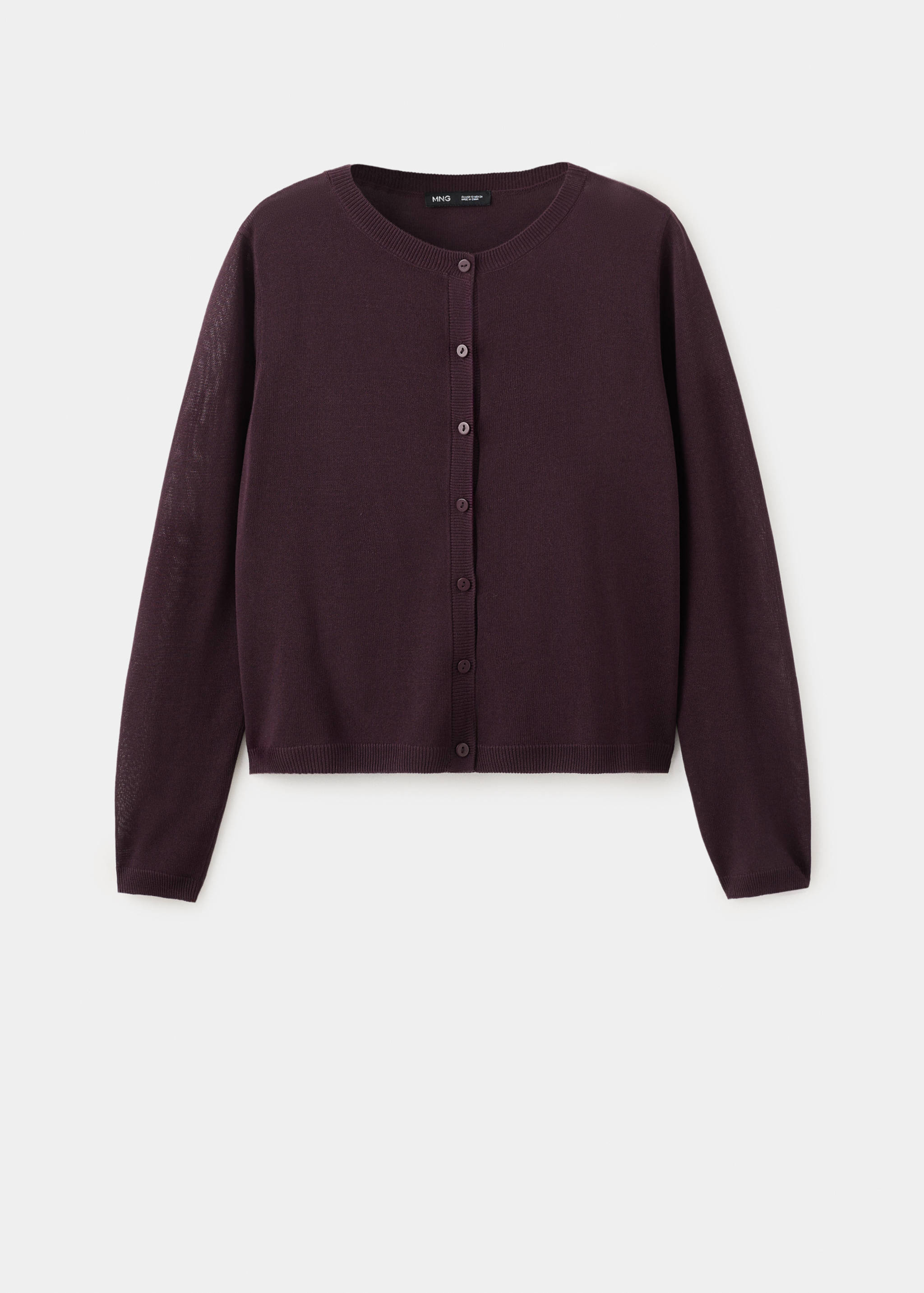 Dark plum fine-knit round-neck cardigan with front buttons.