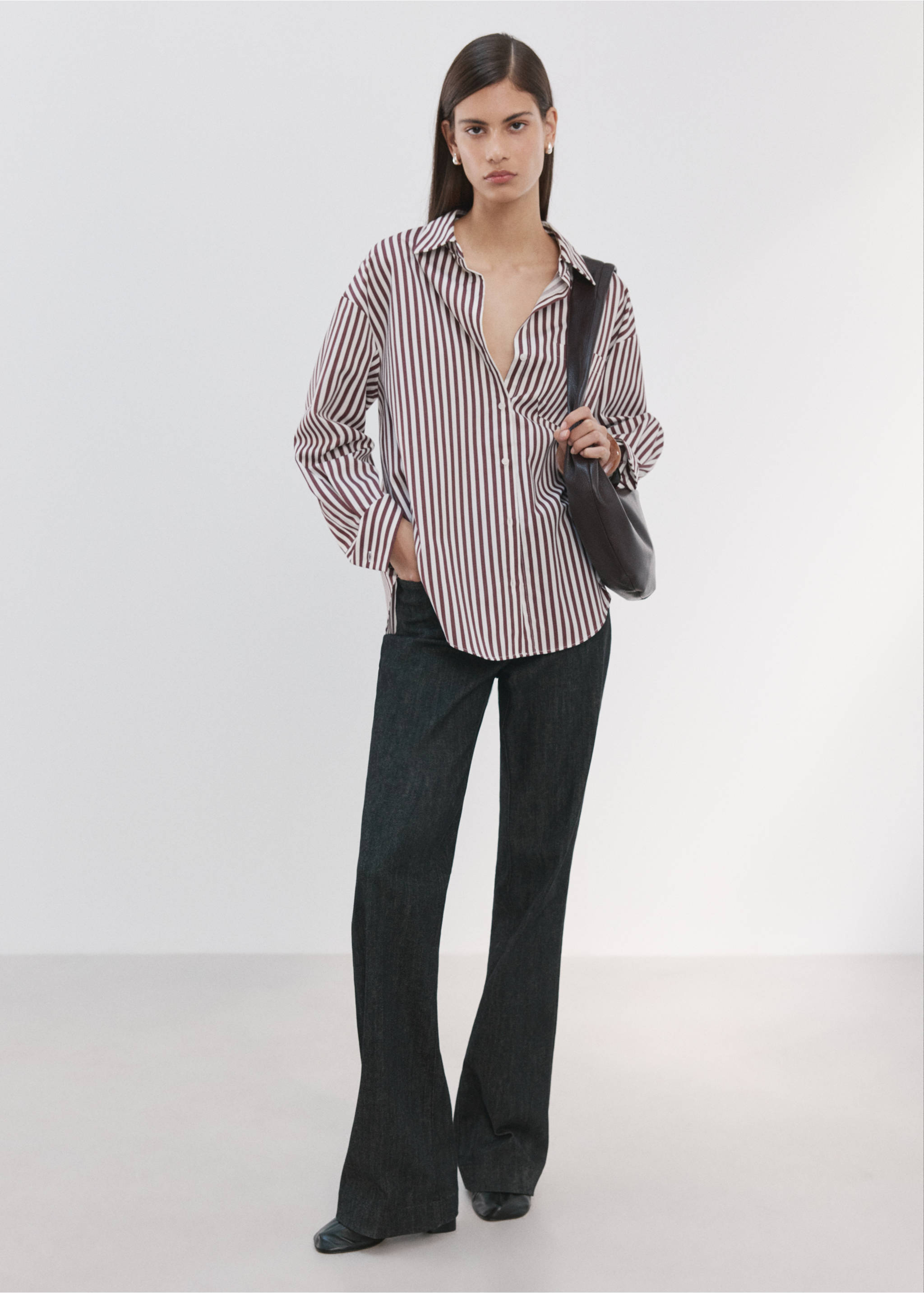 Burgundy and white striped oversized shirt worn with dark trousers., Ecru. Ref: 27075821-00.
