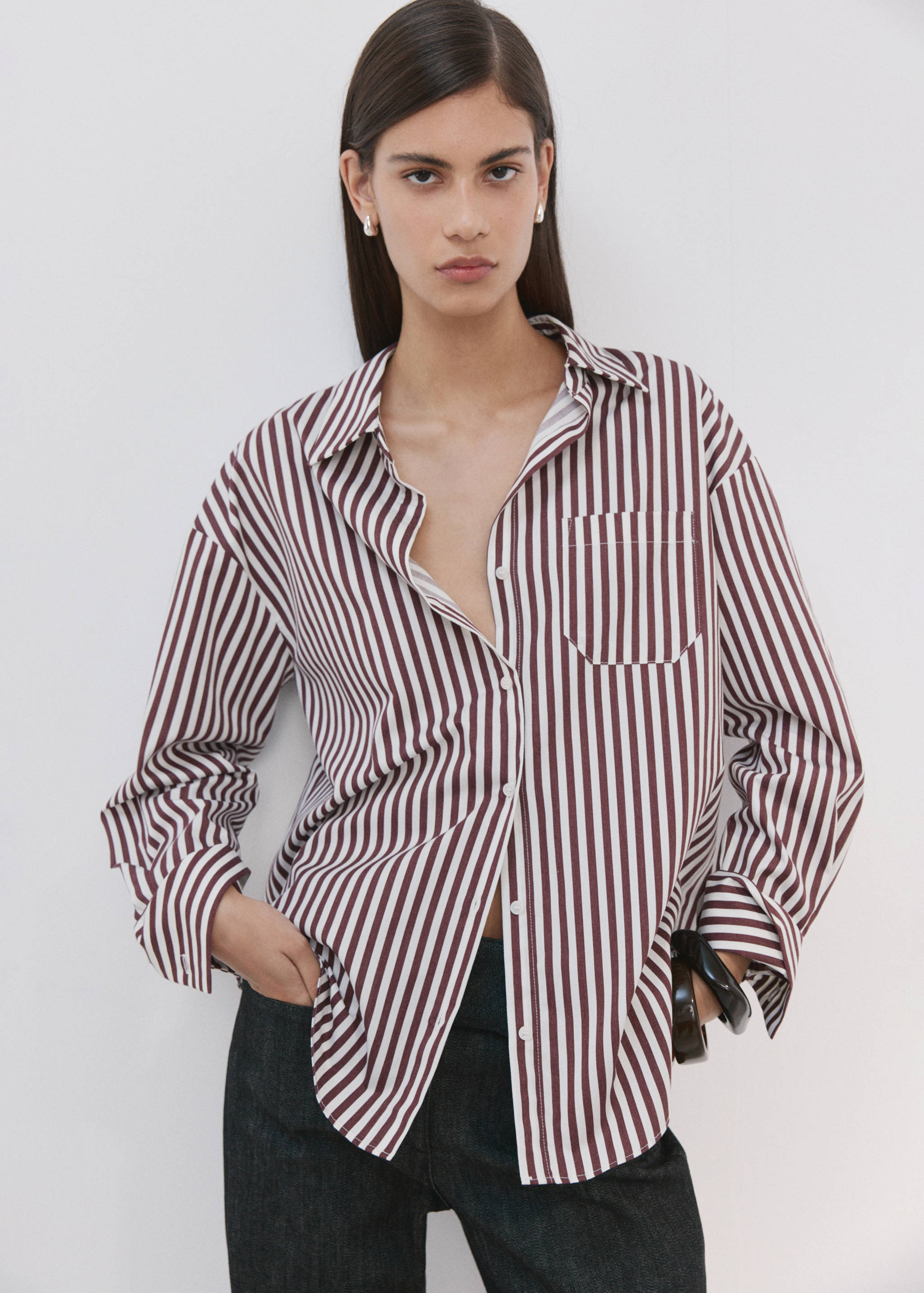 Burgundy and white striped long-sleeved shirt with a classic collar.