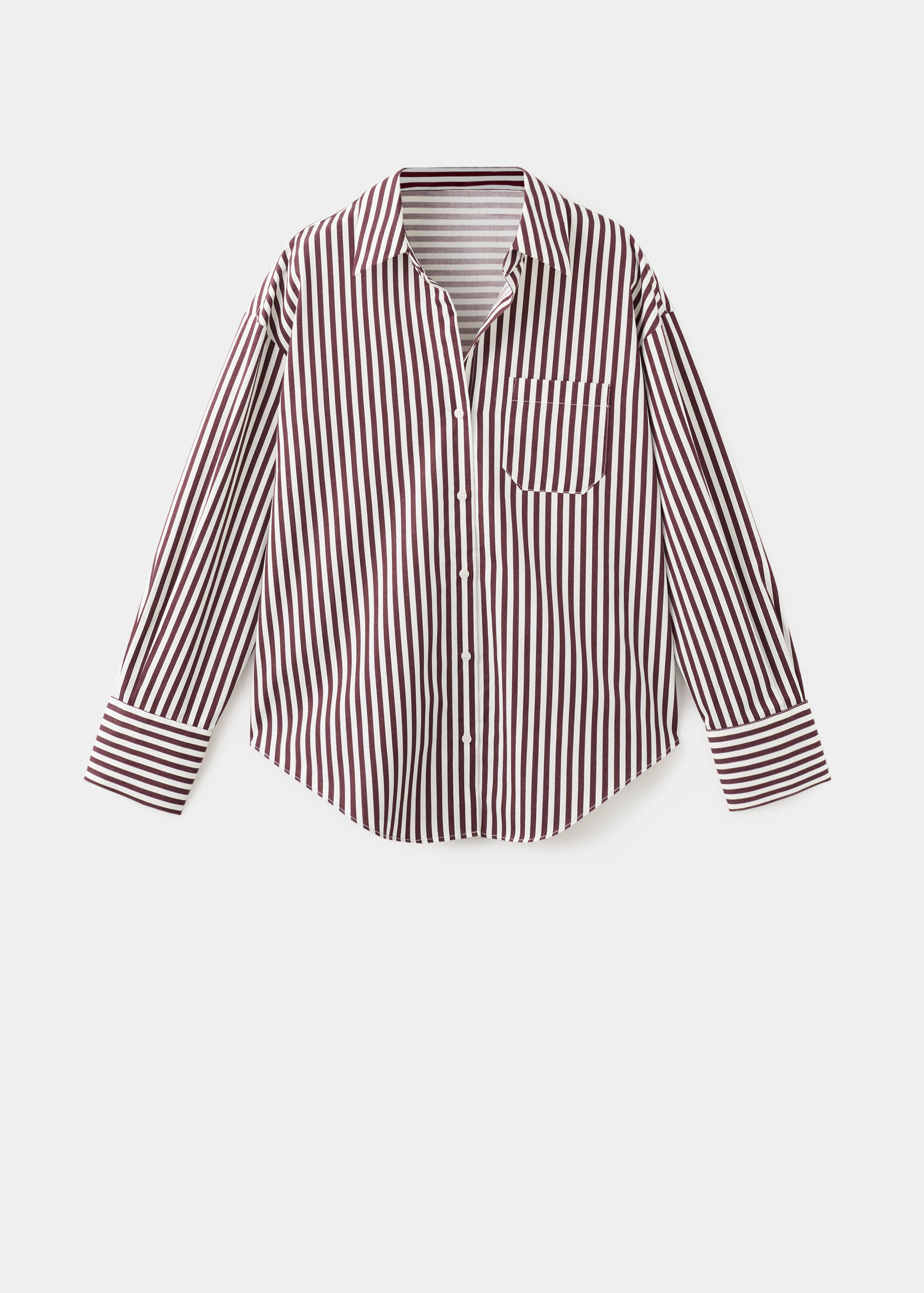 Burgundy and white striped long-sleeve shirt with a pointed collar and chest pocket.