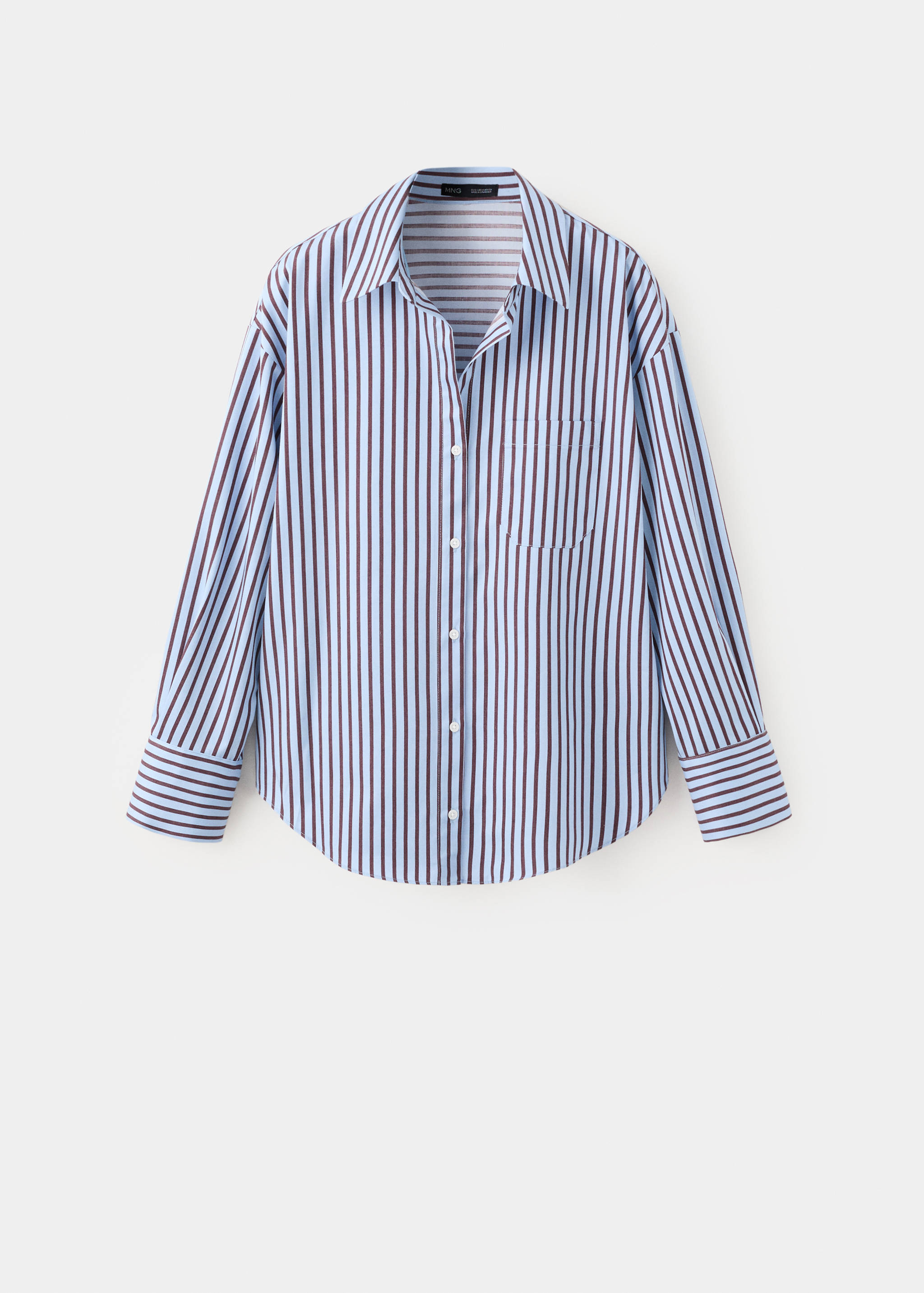 Blue and brown striped long-sleeve shirt with a pointed collar and button front.