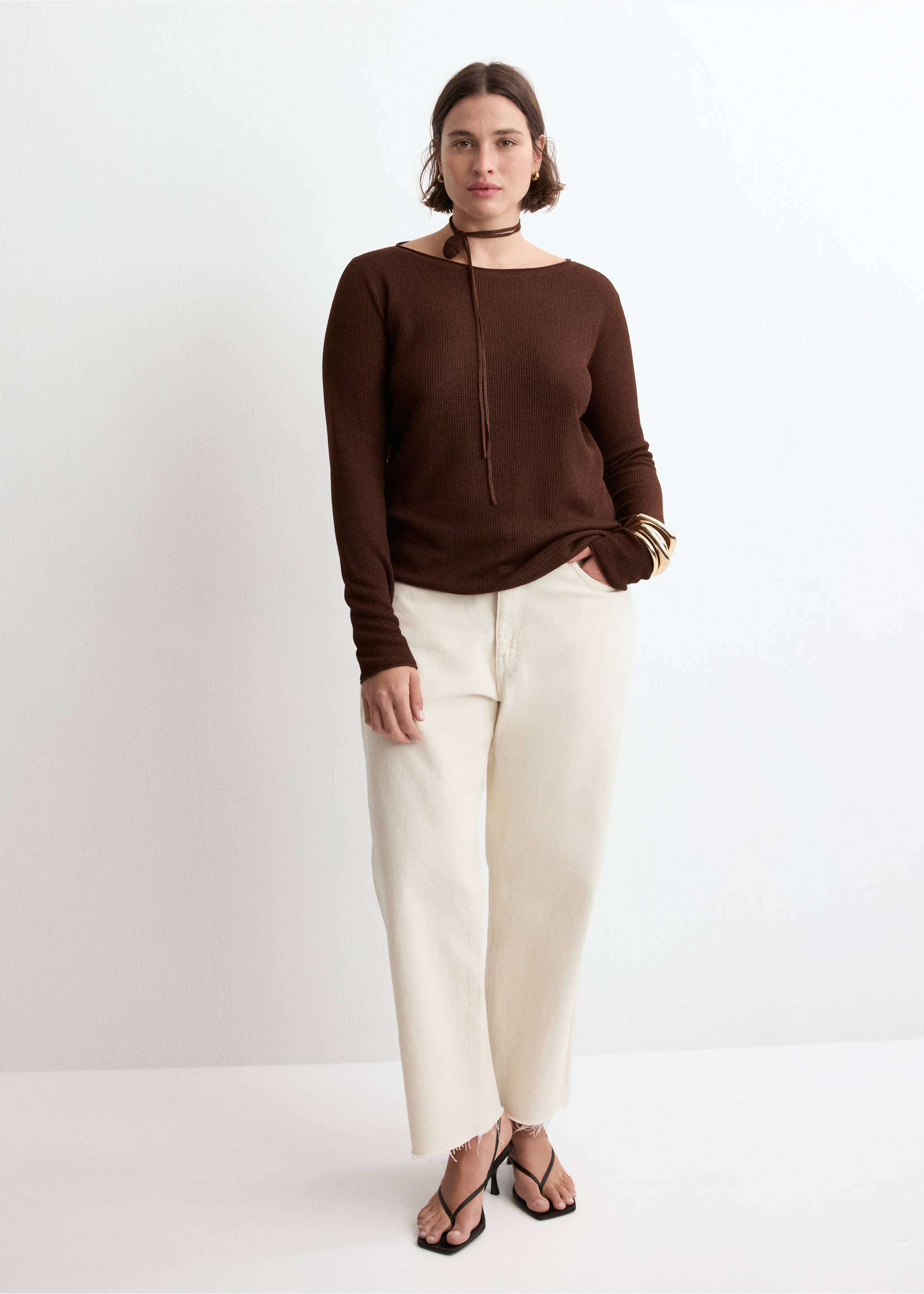 Fine-knit sweater - Details of the article 6, Chocolate. Ref: 27077137-00.