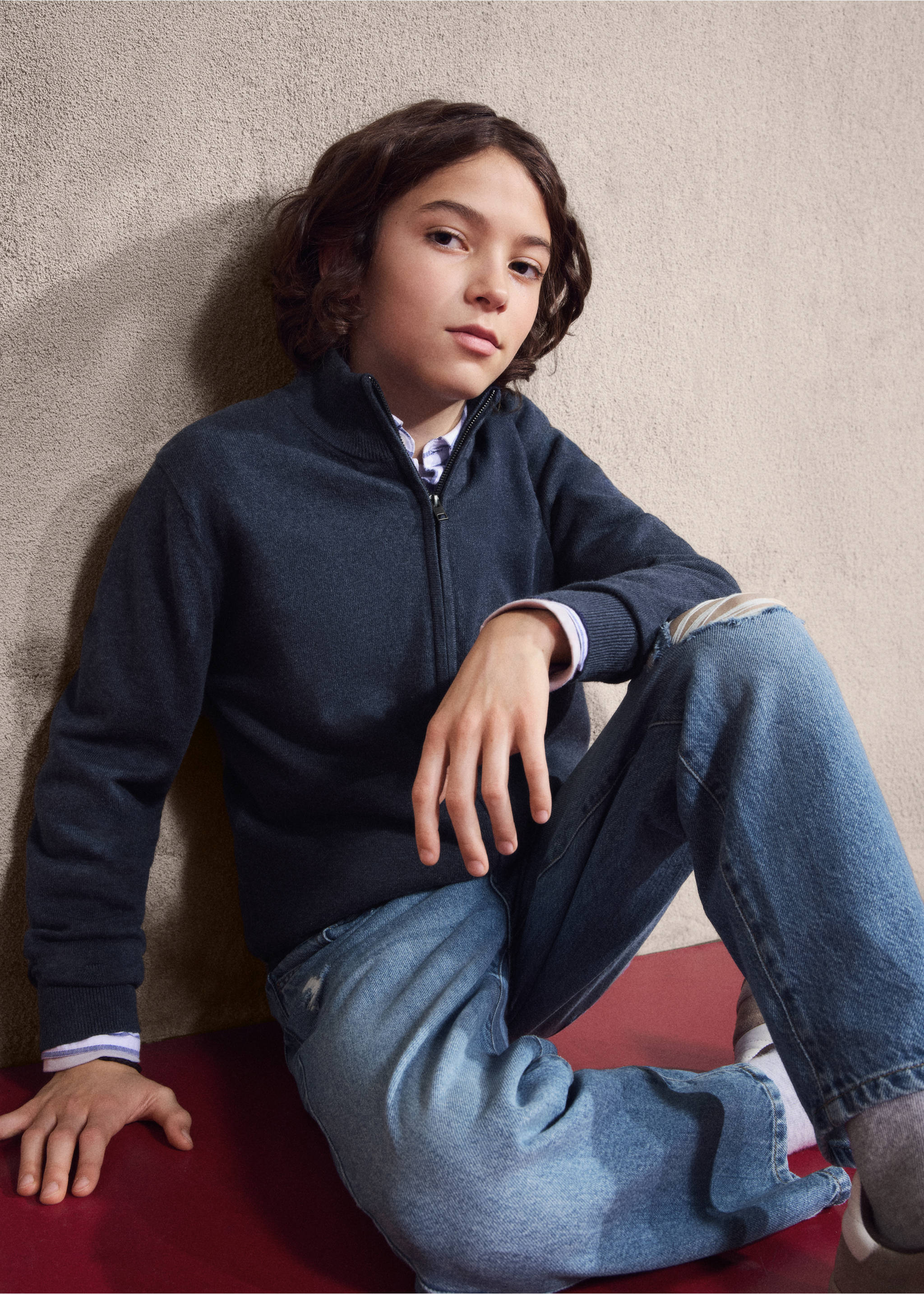 Dark blue zip-up cardigan with high collar worn by a young boy., Navy. Ref: 27081253-00.