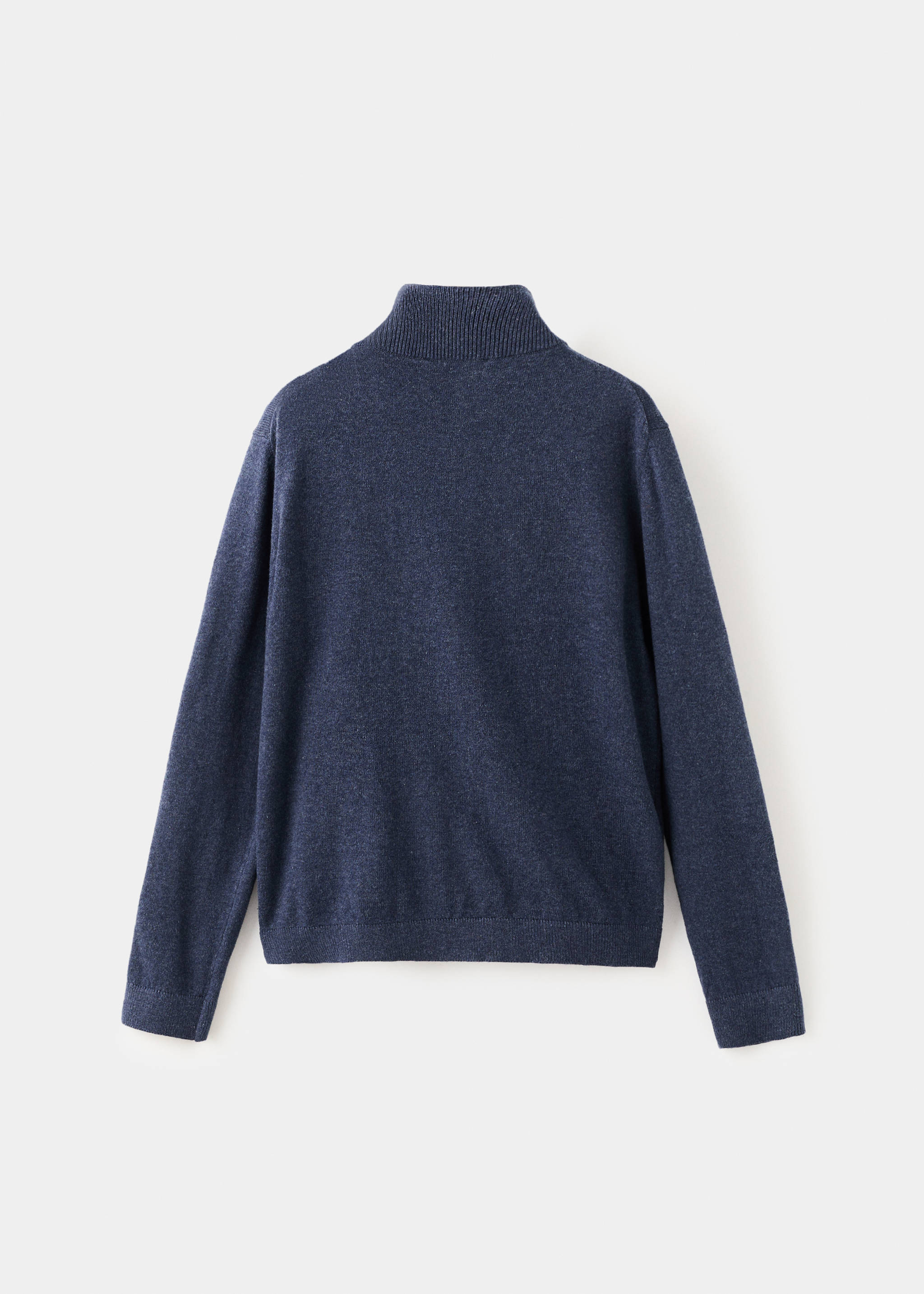 Navy blue knitted cardigan with a high neck, shown from the back.