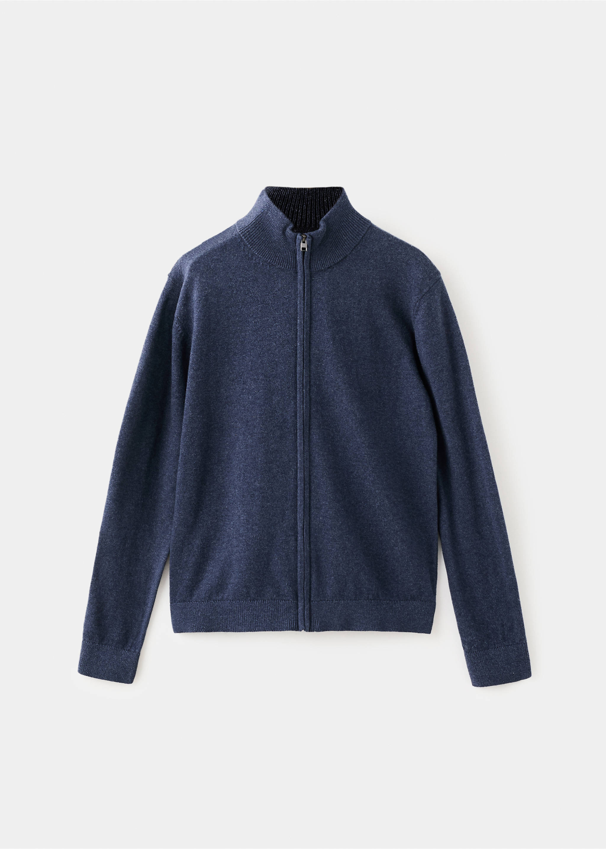 Navy blue knitted zip-up cardigan with a high ribbed neck., Navy. Ref: 27081253-00.