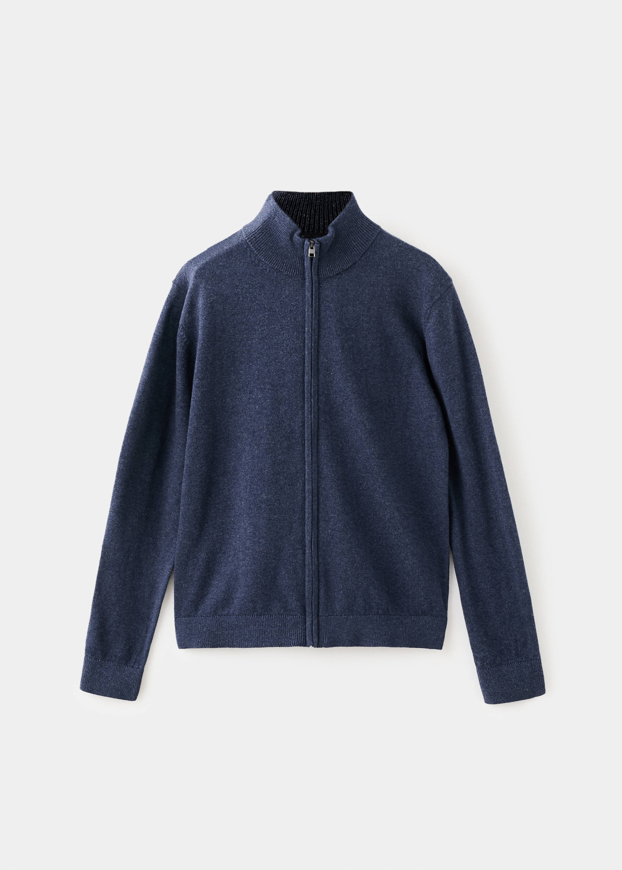Navy blue knitted zip-up cardigan with a high ribbed neck.