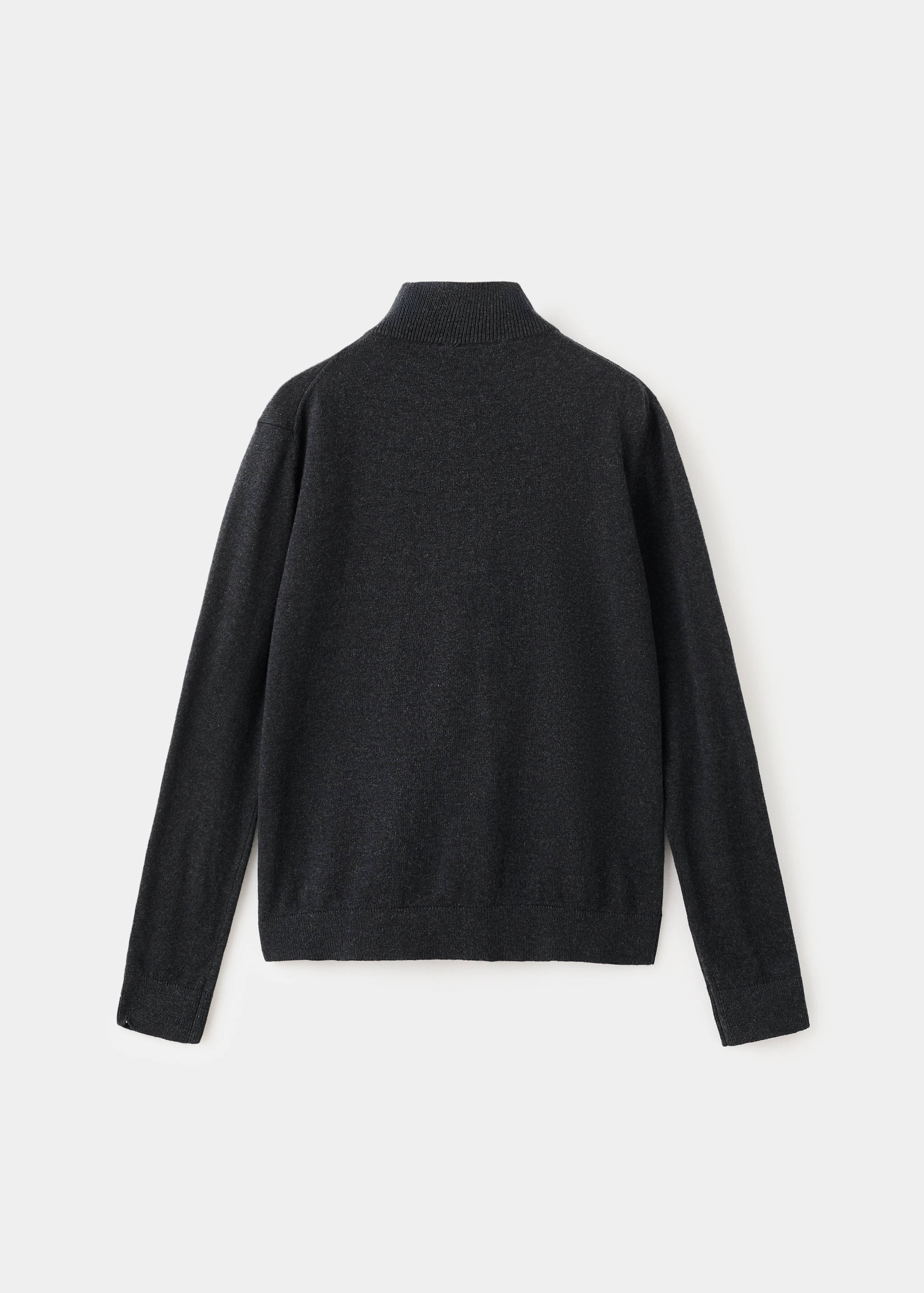 Dark grey knitted cardigan shown from the back with a high collar.