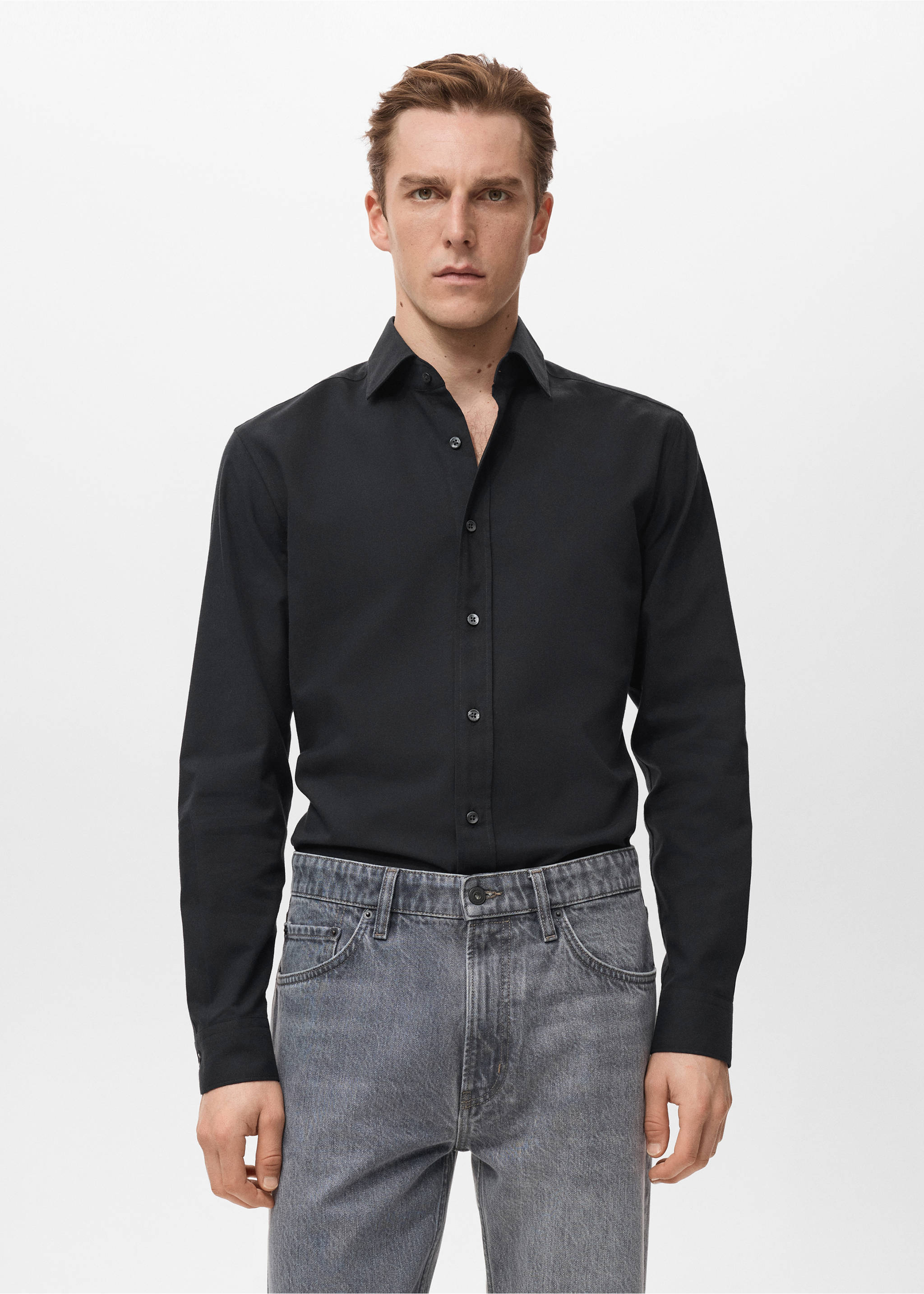 Black long-sleeved button-up shirt with a classic collar., Black. Ref: 27081310-00.