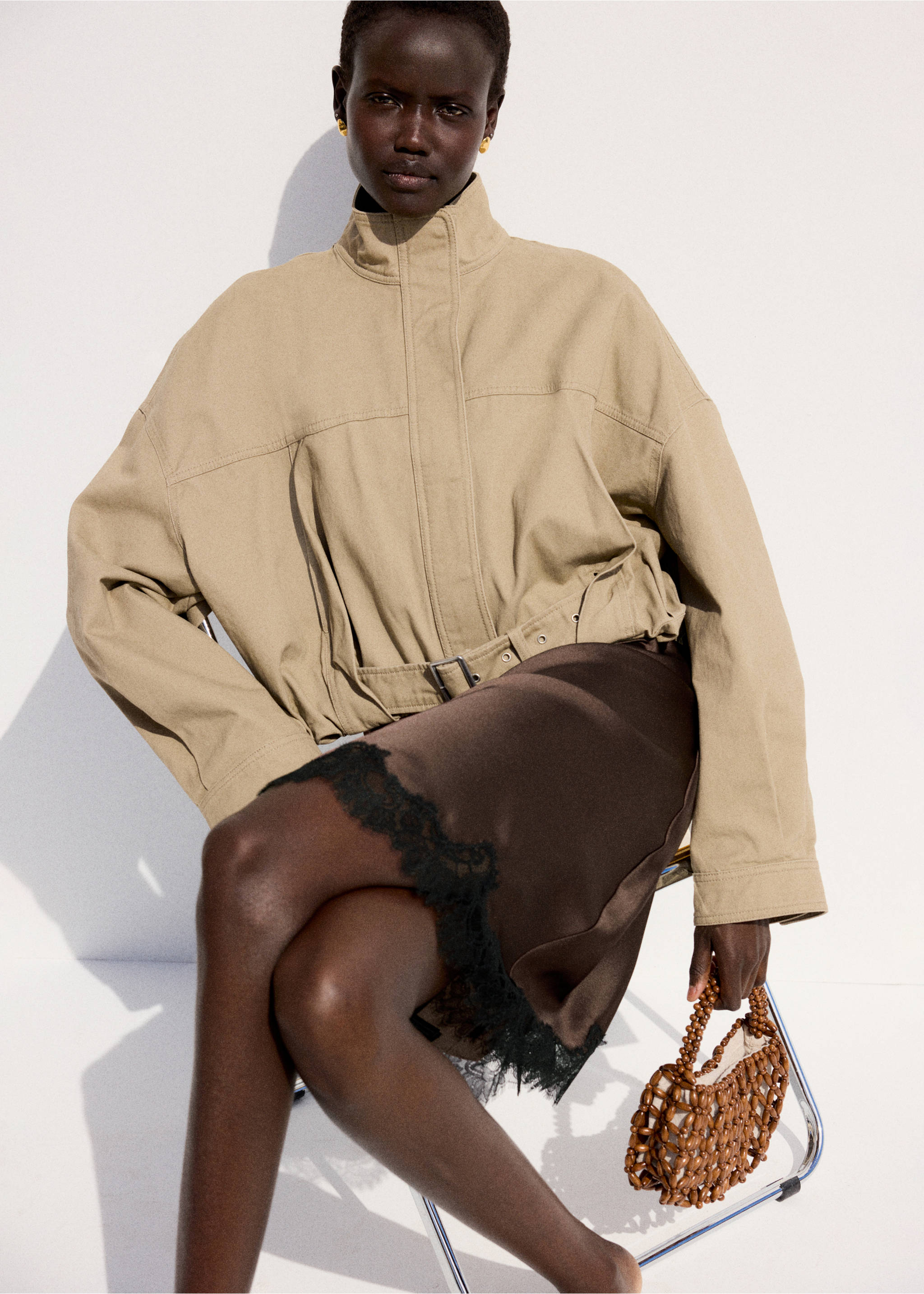 Satin lace skirt - Details of the article 1, Brown. Ref: 27081334-00.