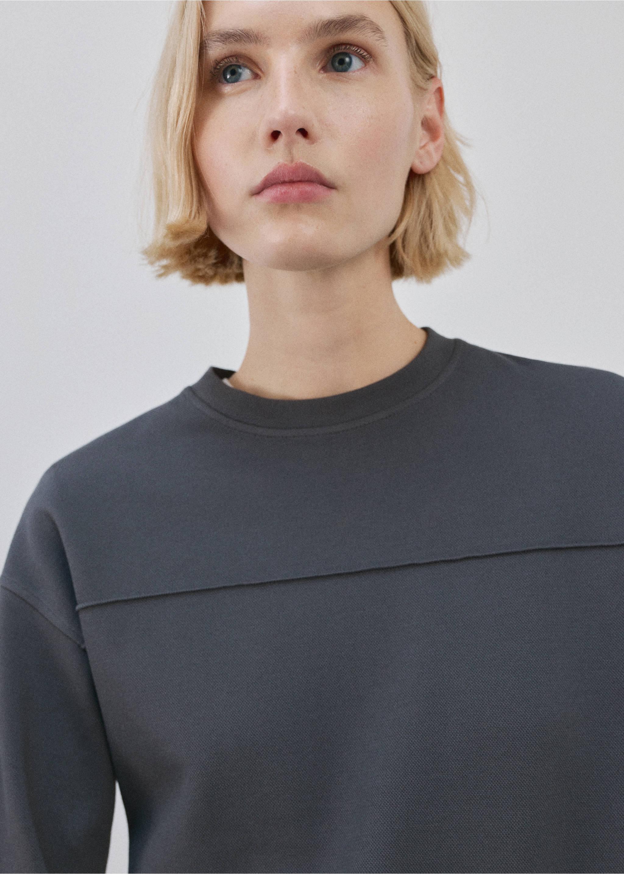 Dark grey crew neck sweatshirt with a horizontal chest seam., Blue. Ref: 27083315-00.