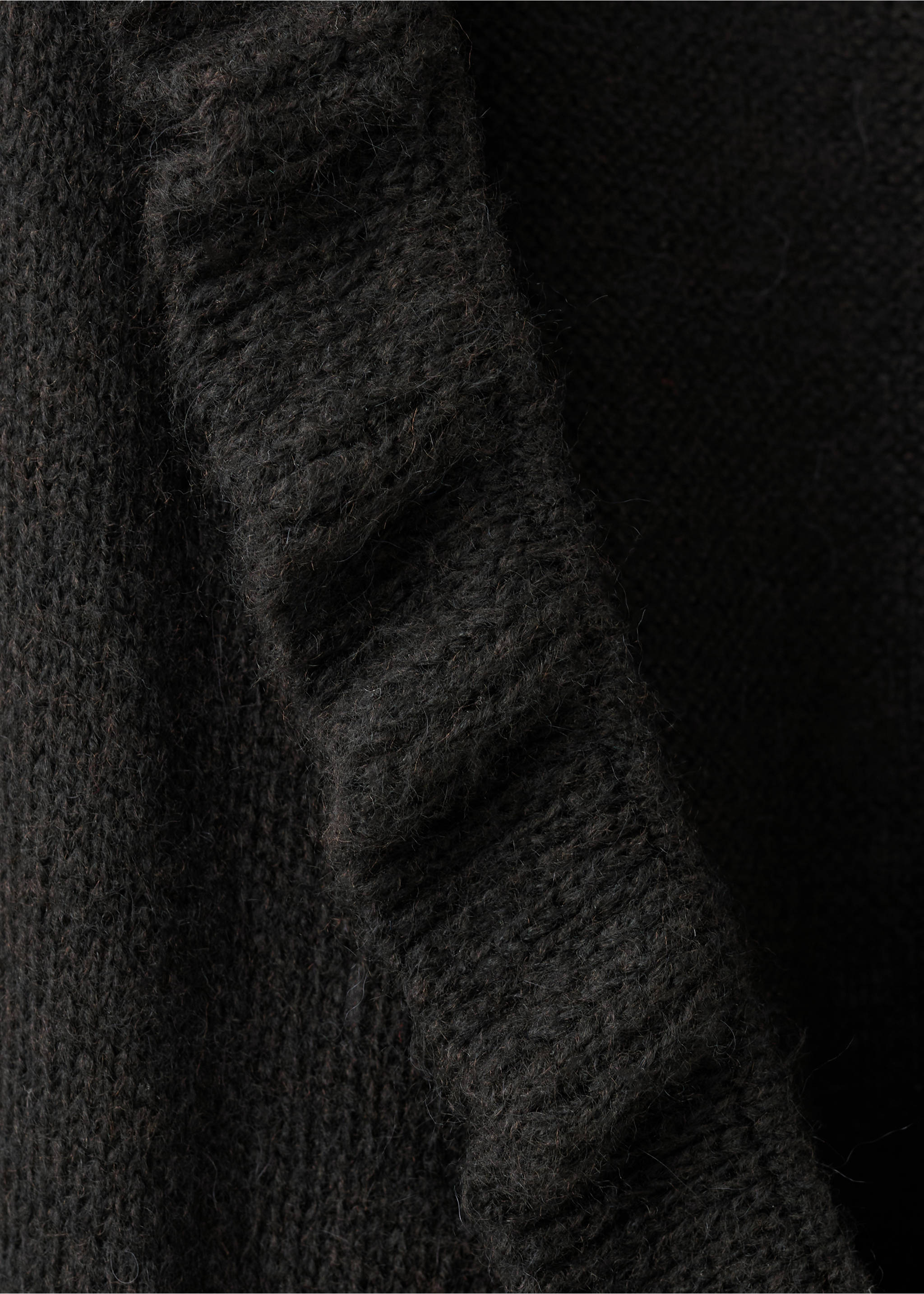 Dark brown knit cardigan with a textured ruffle detail, Charcoal. Ref: 27084097-00.