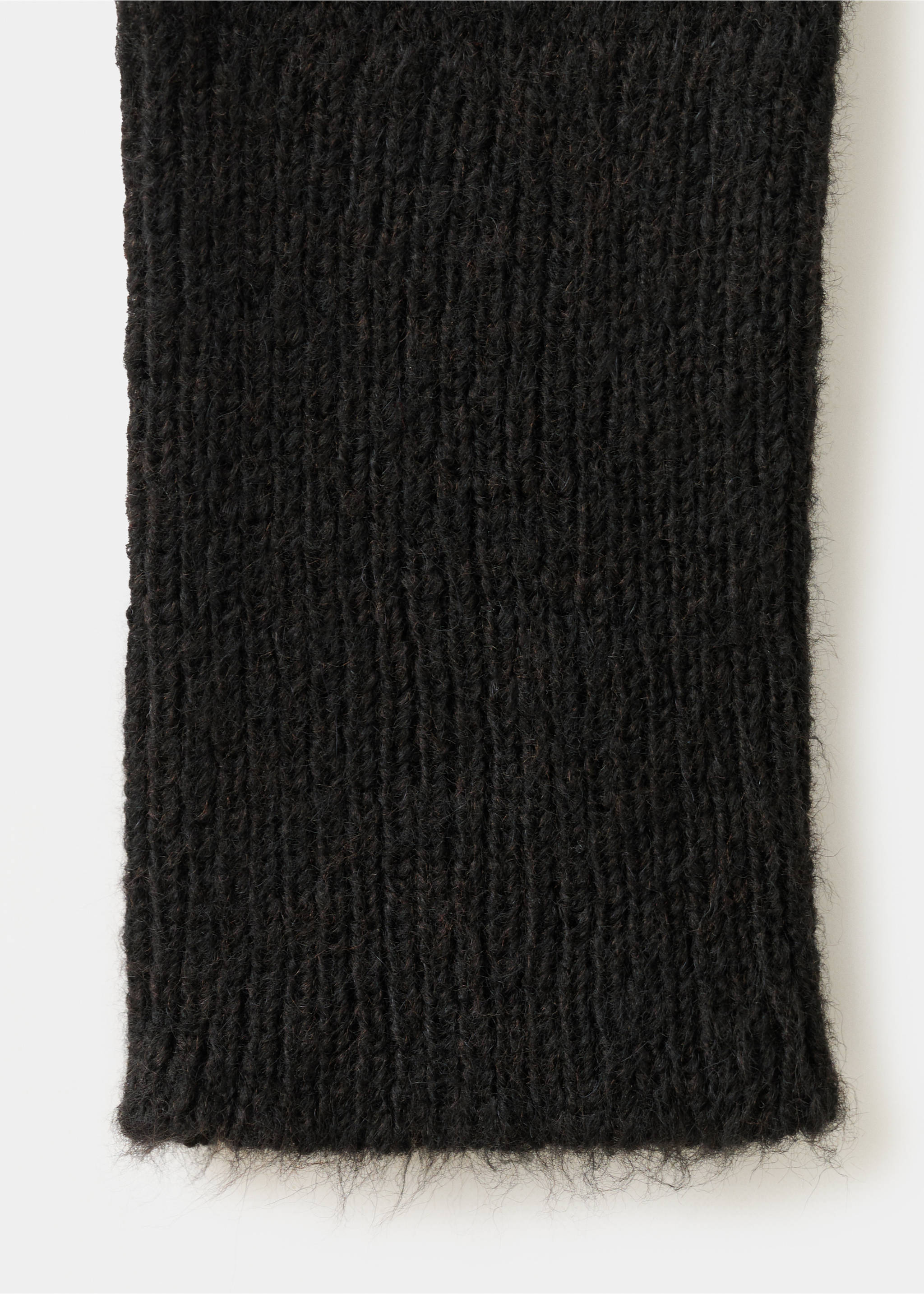 Close-up of black cardigan fabric showing fuzzy ribbed knit., Charcoal. Ref: 27084097-00.