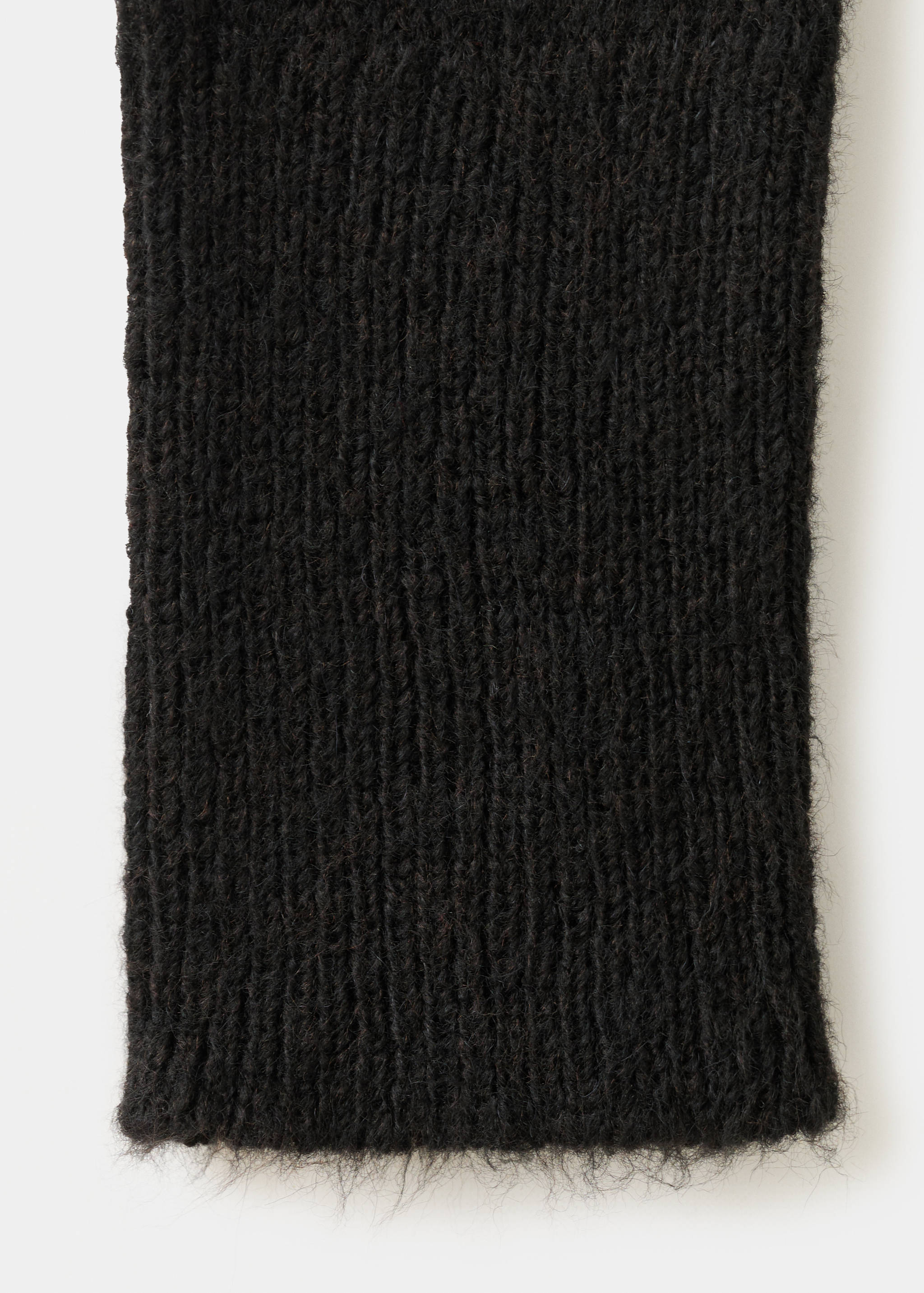 Close-up of black cardigan fabric showing fuzzy ribbed knit.