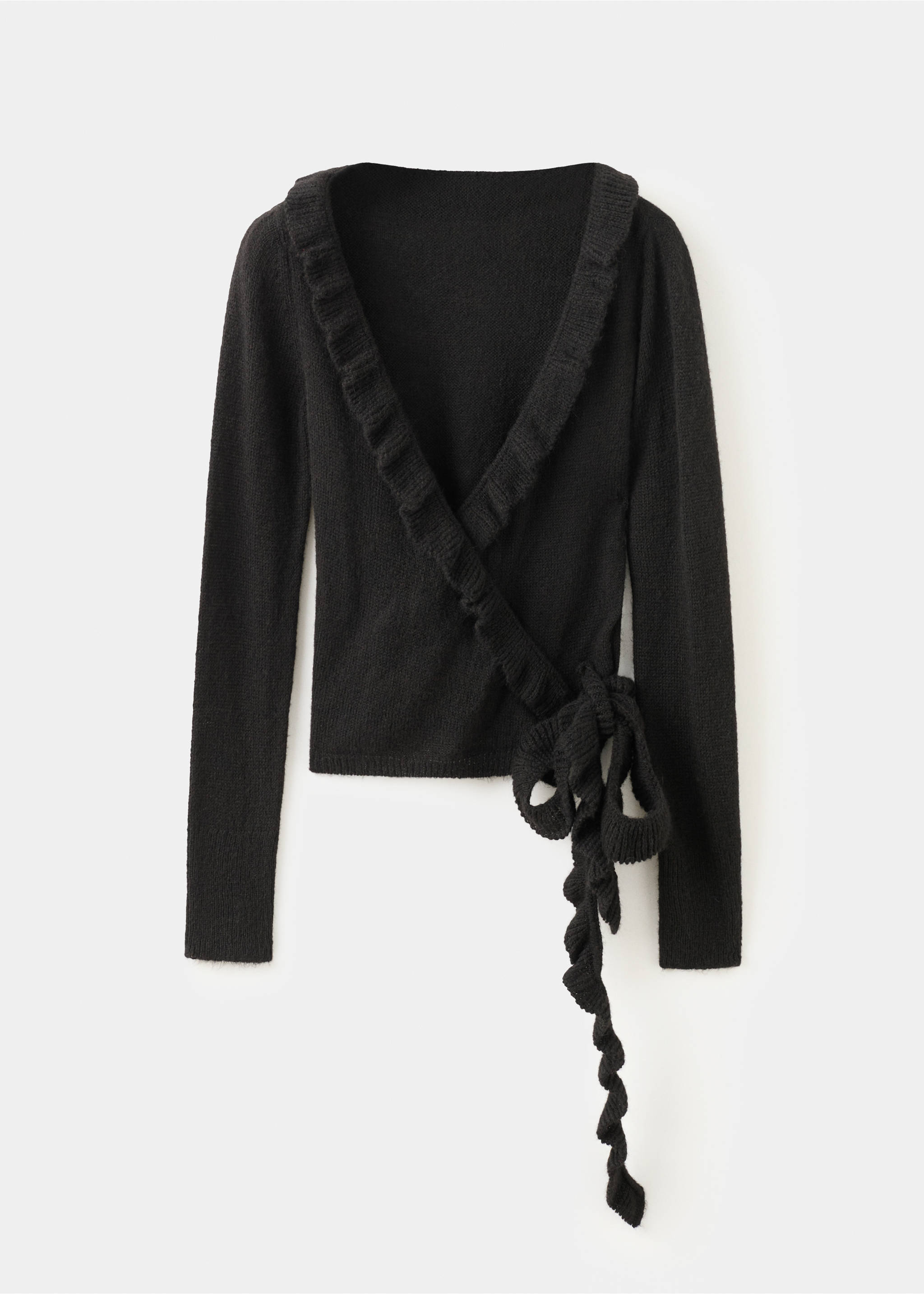 Black knitted wrap cardigan with long sleeves, ruffle trim V-neck and side tie., Charcoal. Ref: 27084097-00.