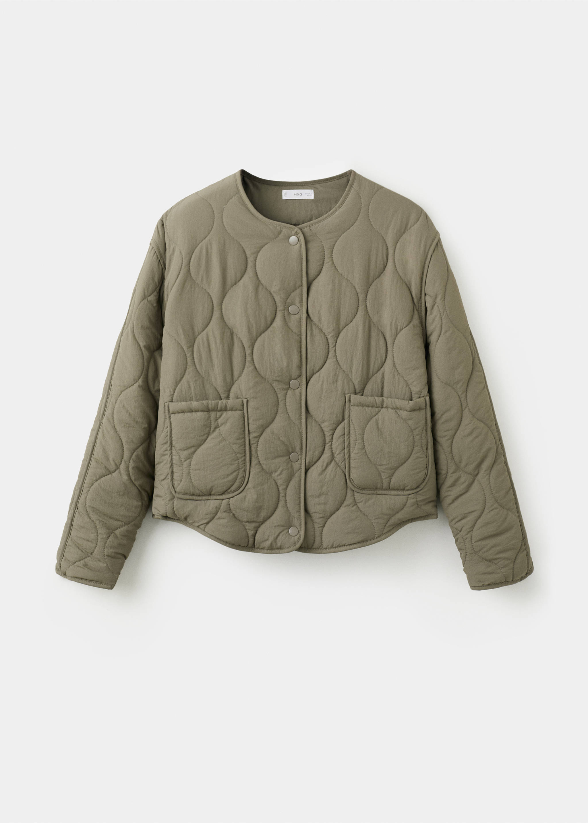 Olive green quilted parka with a rounded neckline and front patch pockets., Khaki. Ref: 27084432-00.