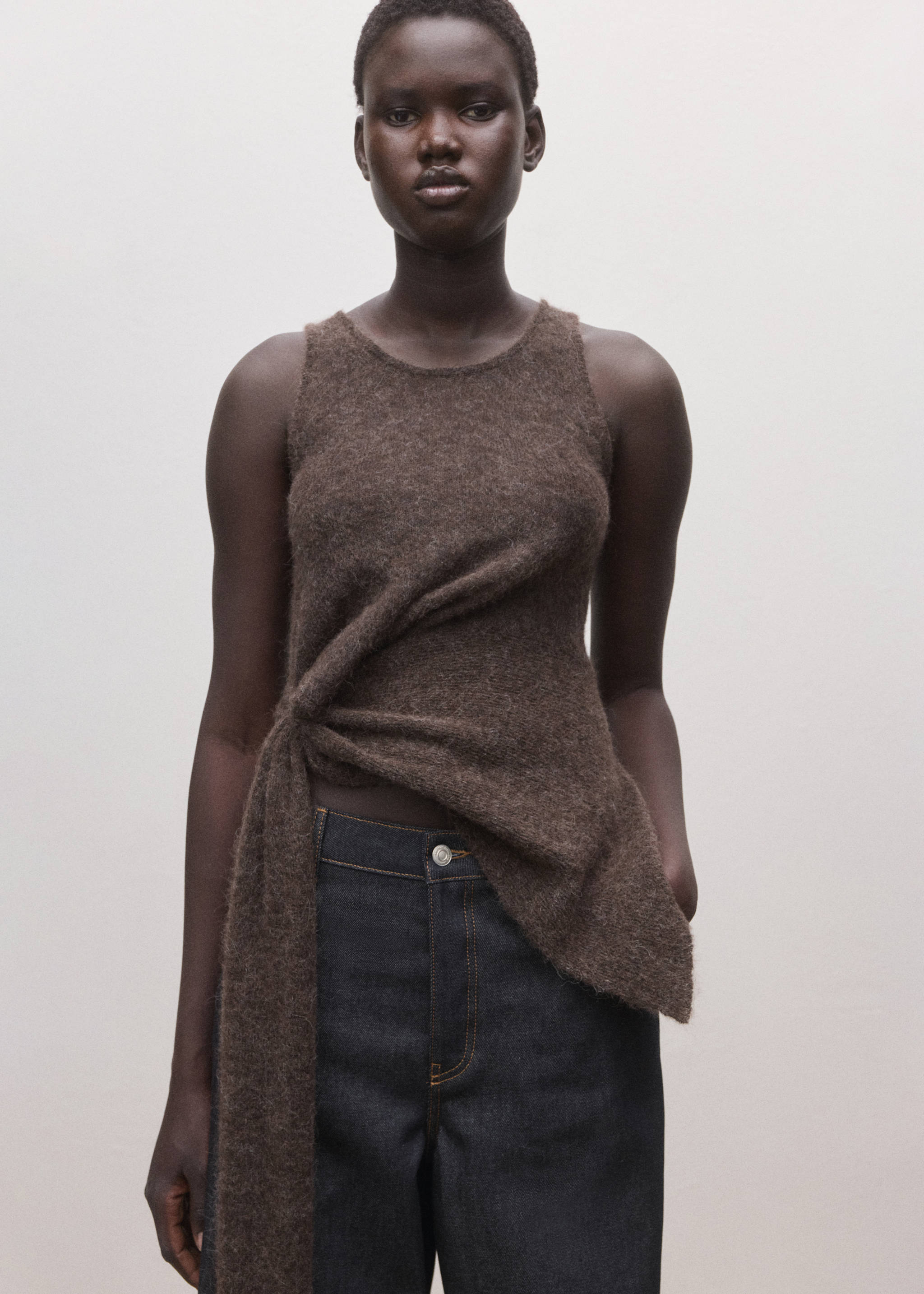 Dark brown textured sleeveless top with front twist knot and long sash., Open Blue. Ref: 27084445-00.