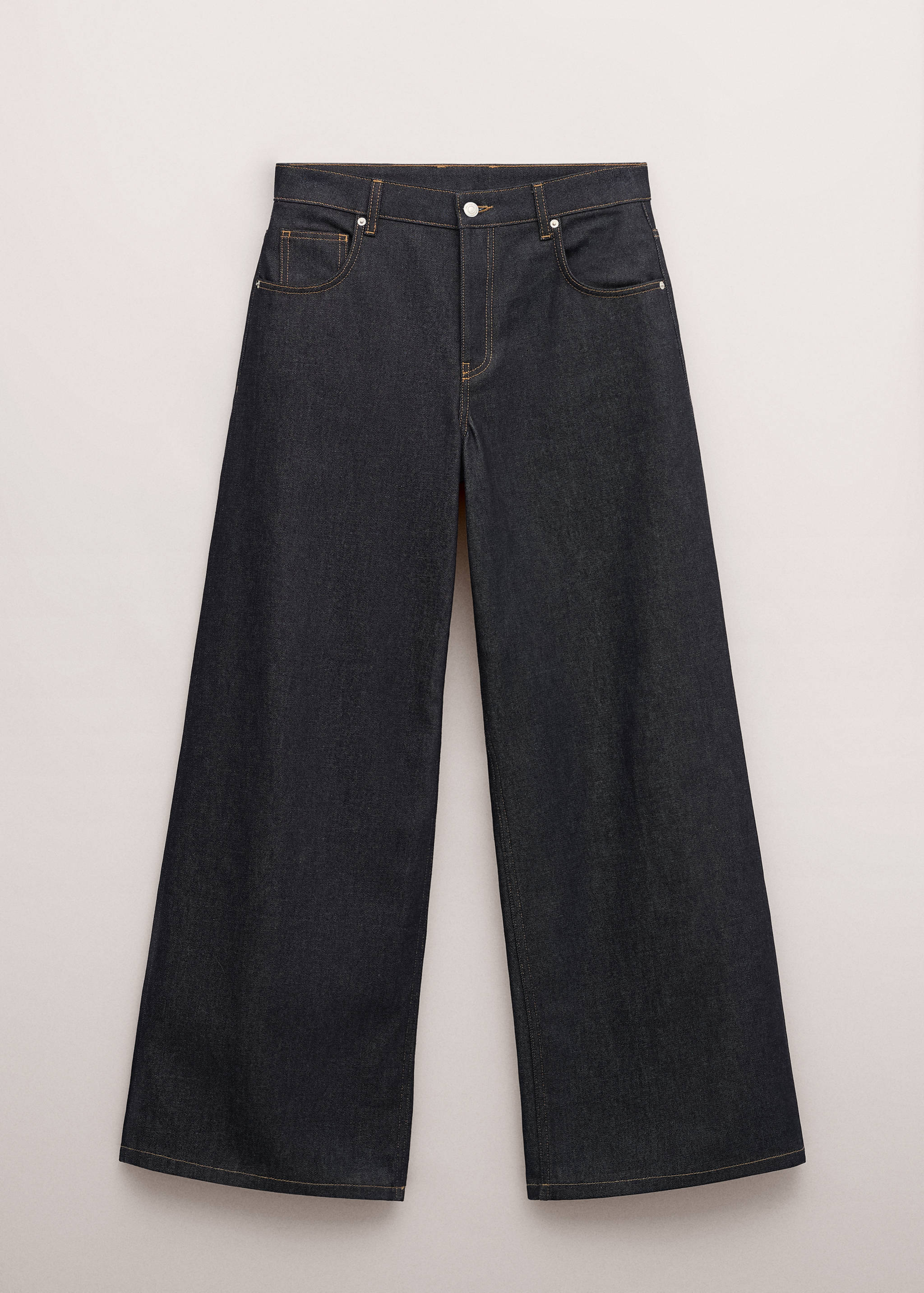 Dark blue denim trousers in a high-waisted, wide-leg fit.