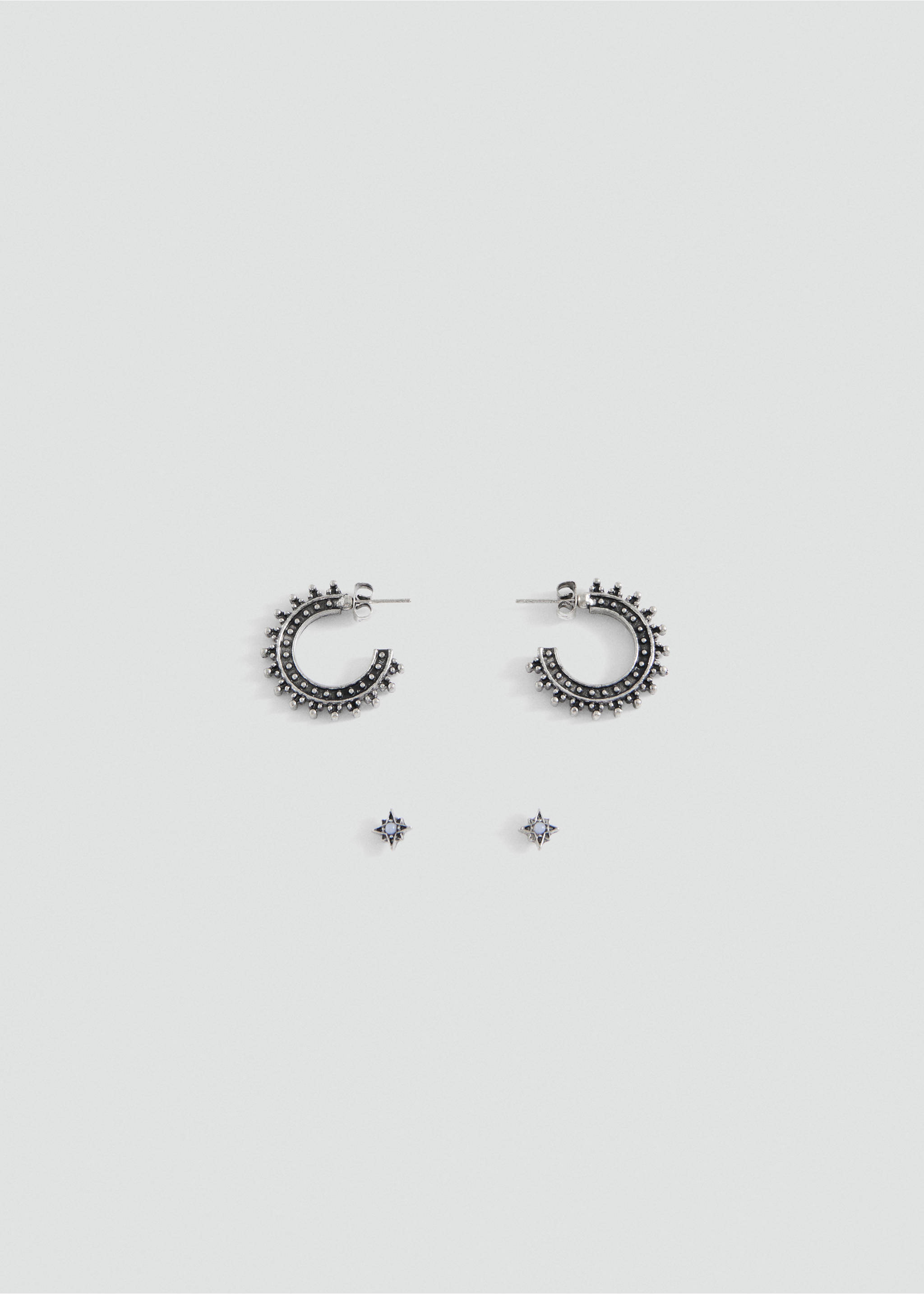 Silver-tone hoop earrings with engraved spikes and matching star studs., Silver. Ref: 27085160-00.
