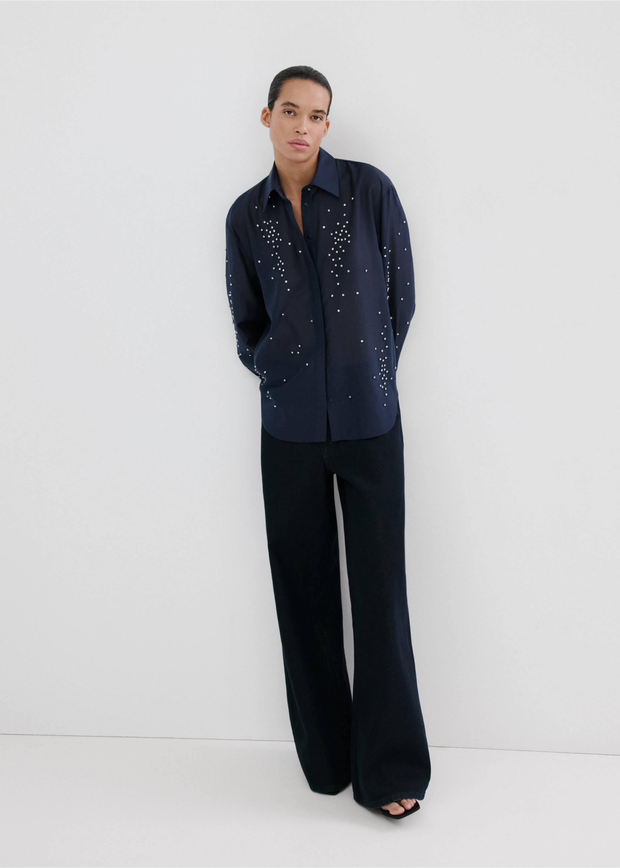 Lyocell shirt with rhinestones - General plane, Navy. Ref: 27085825-00.