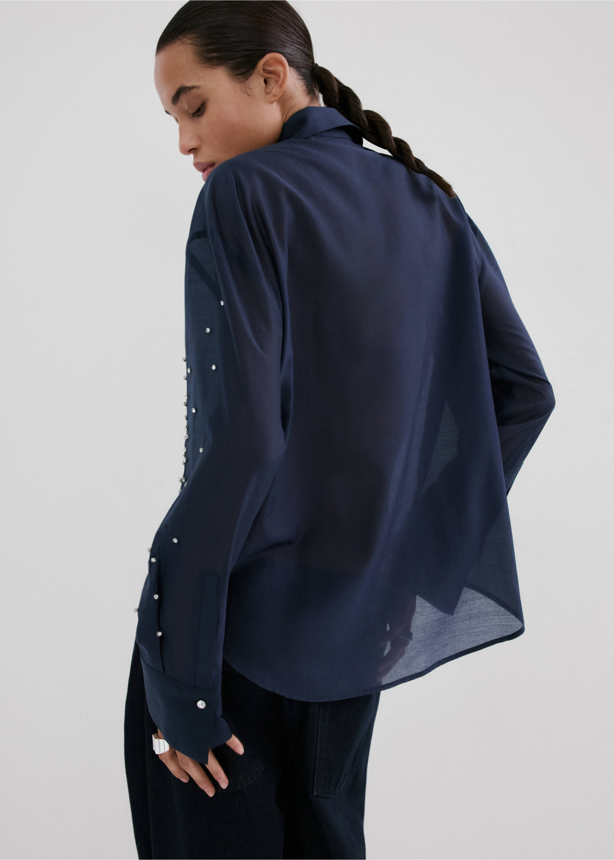 Lyocell shirt with rhinestones - Reverse of the article, Navy. Ref: 27085825-00.